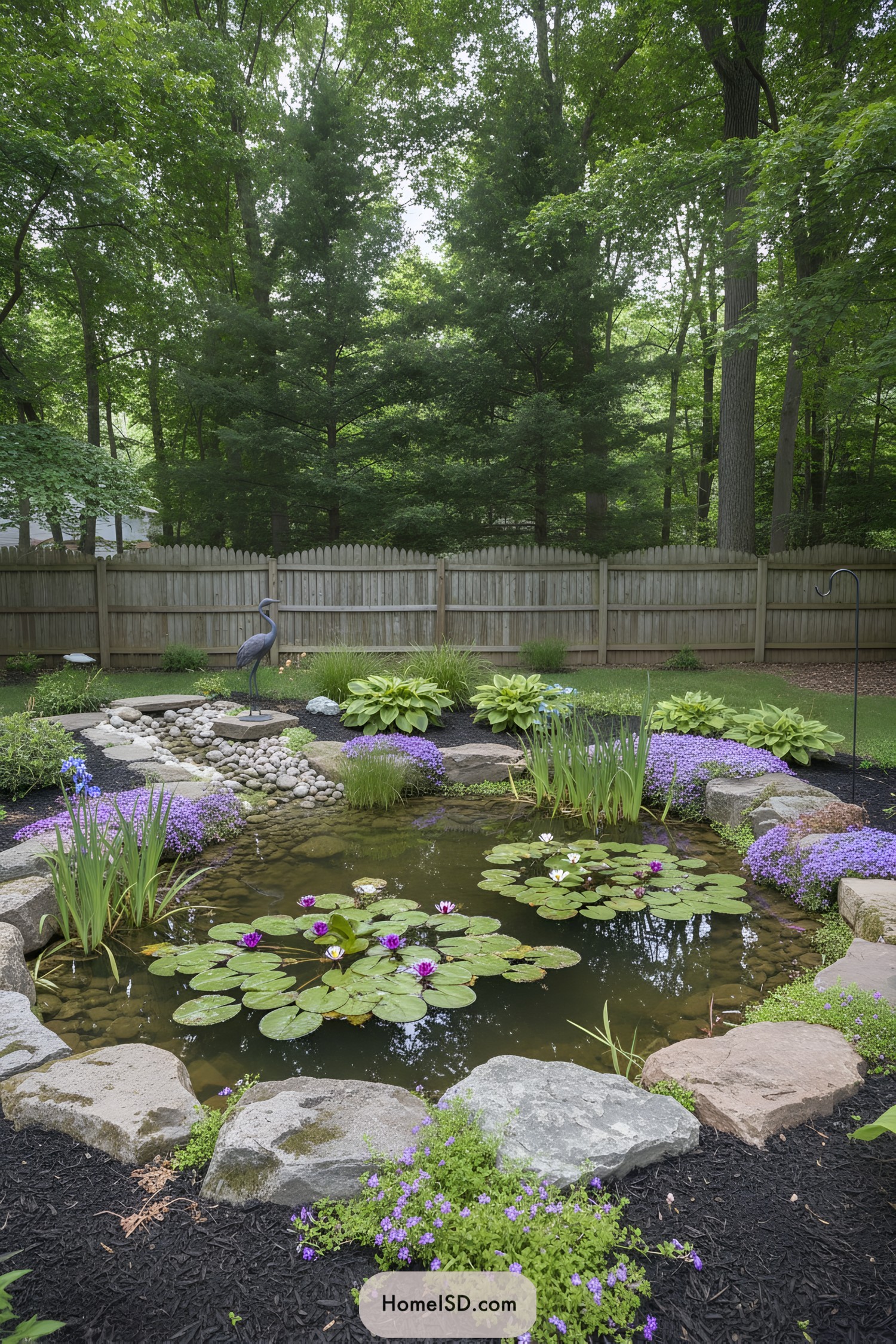 Backyard lily pond with stone edge, flowers, and heron statue
