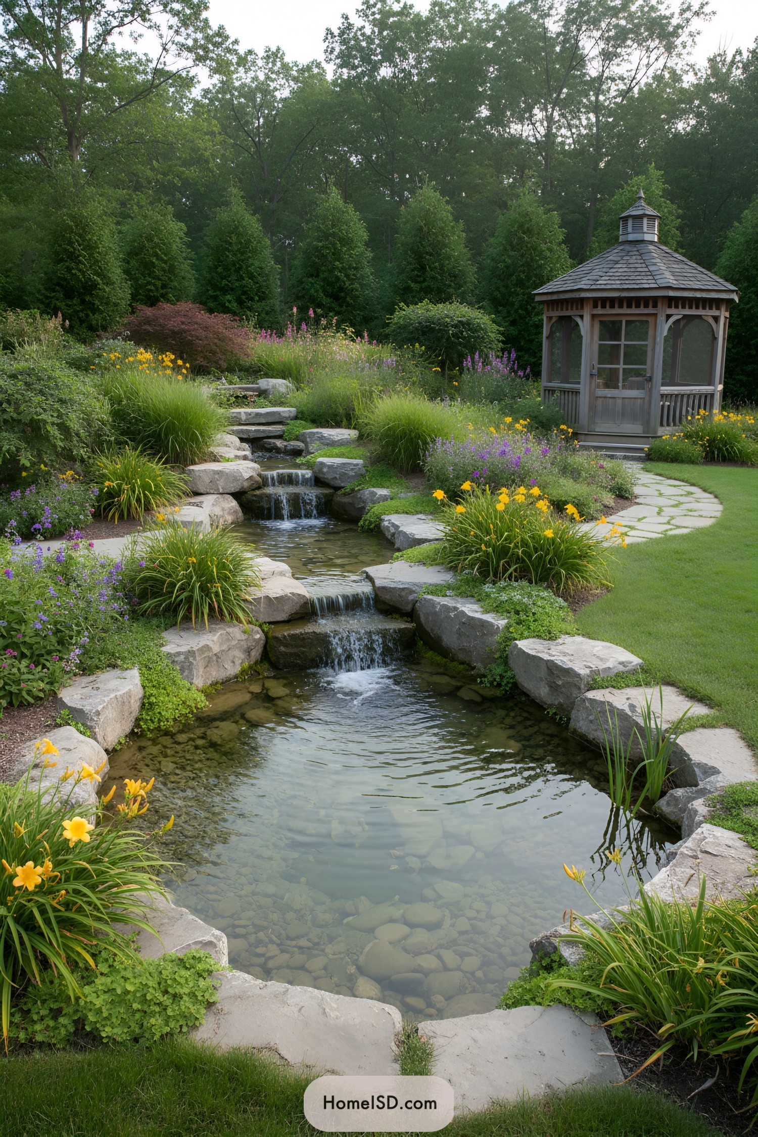 Multi tier garden pond beside wooden gazebo