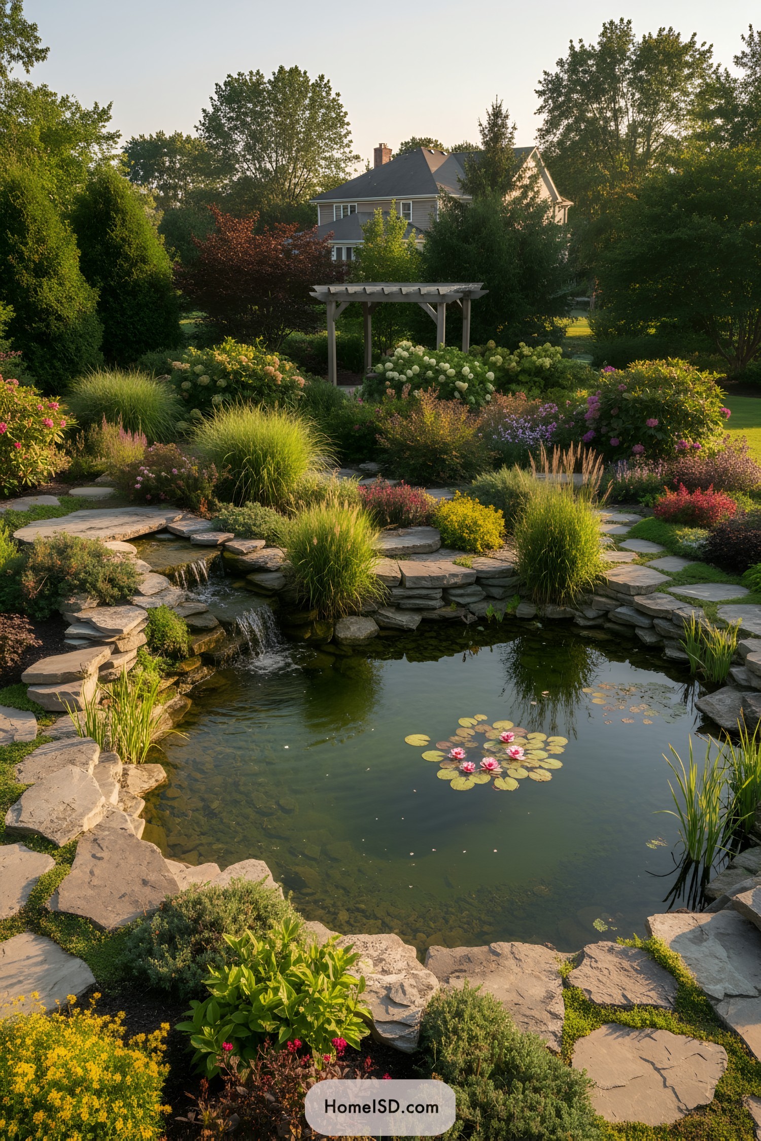 Backyard koi pond with stone edging and lush flowering plants