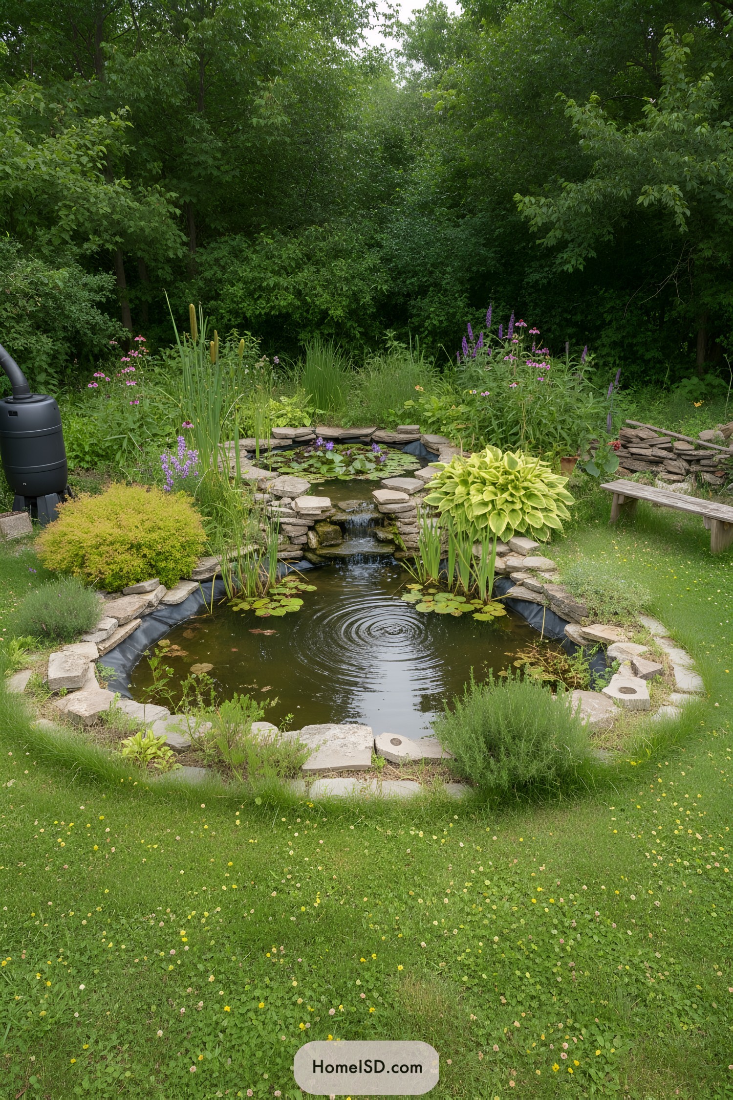 Natural backyard pond with stone waterfall