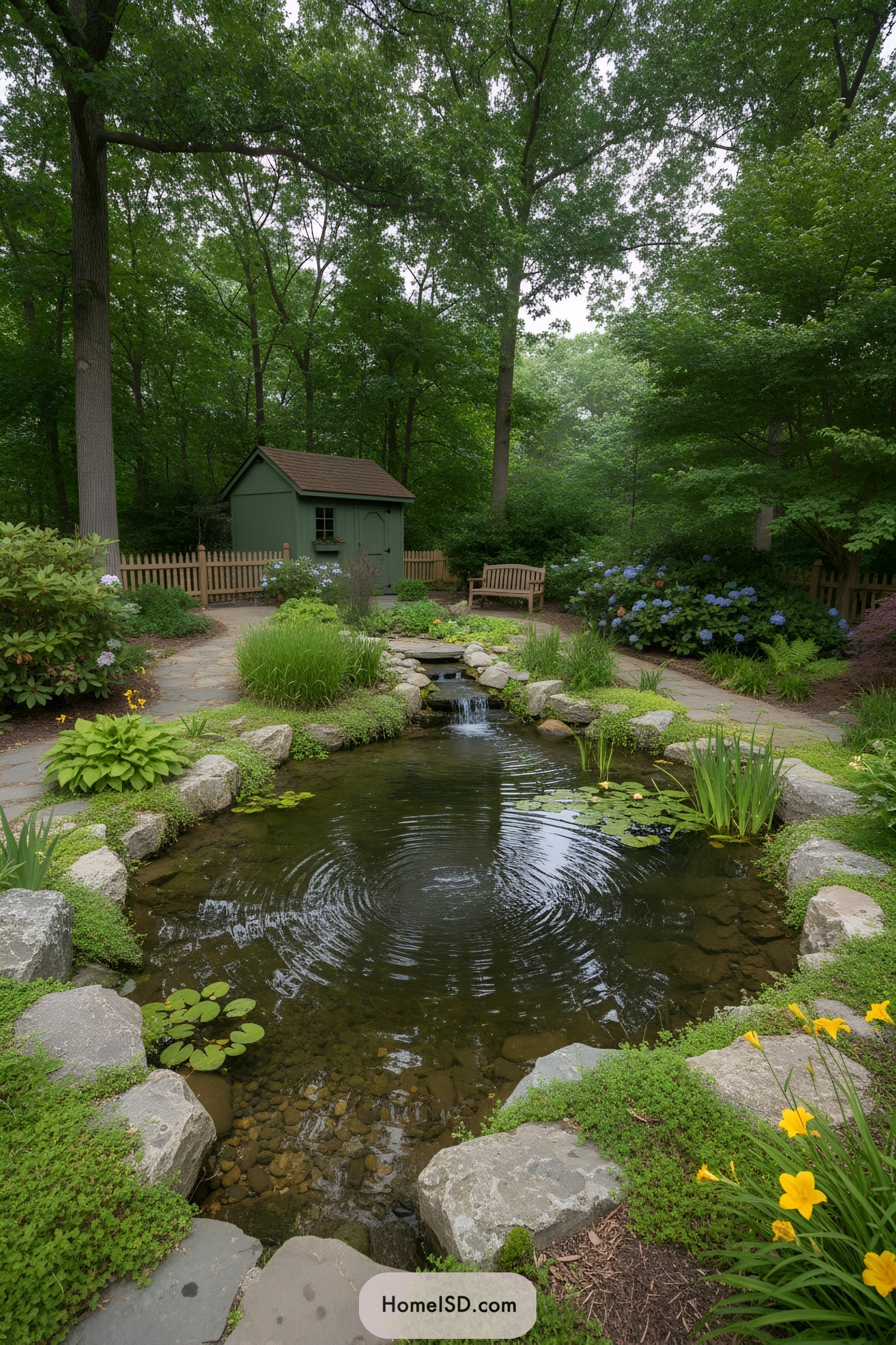 Backyard pond with stone edging and garden shed