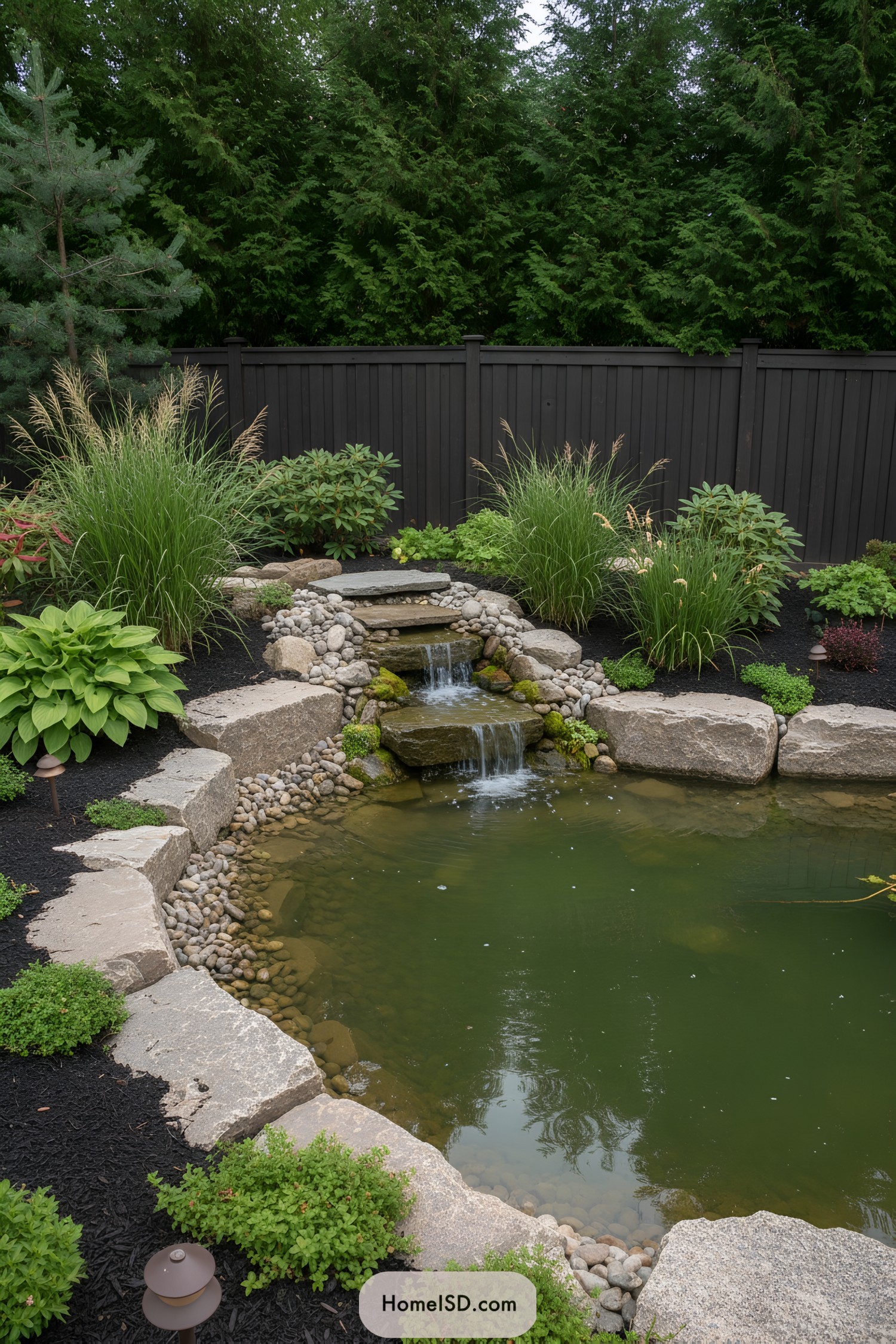 Backyard pond with stone waterfall and lush plantings