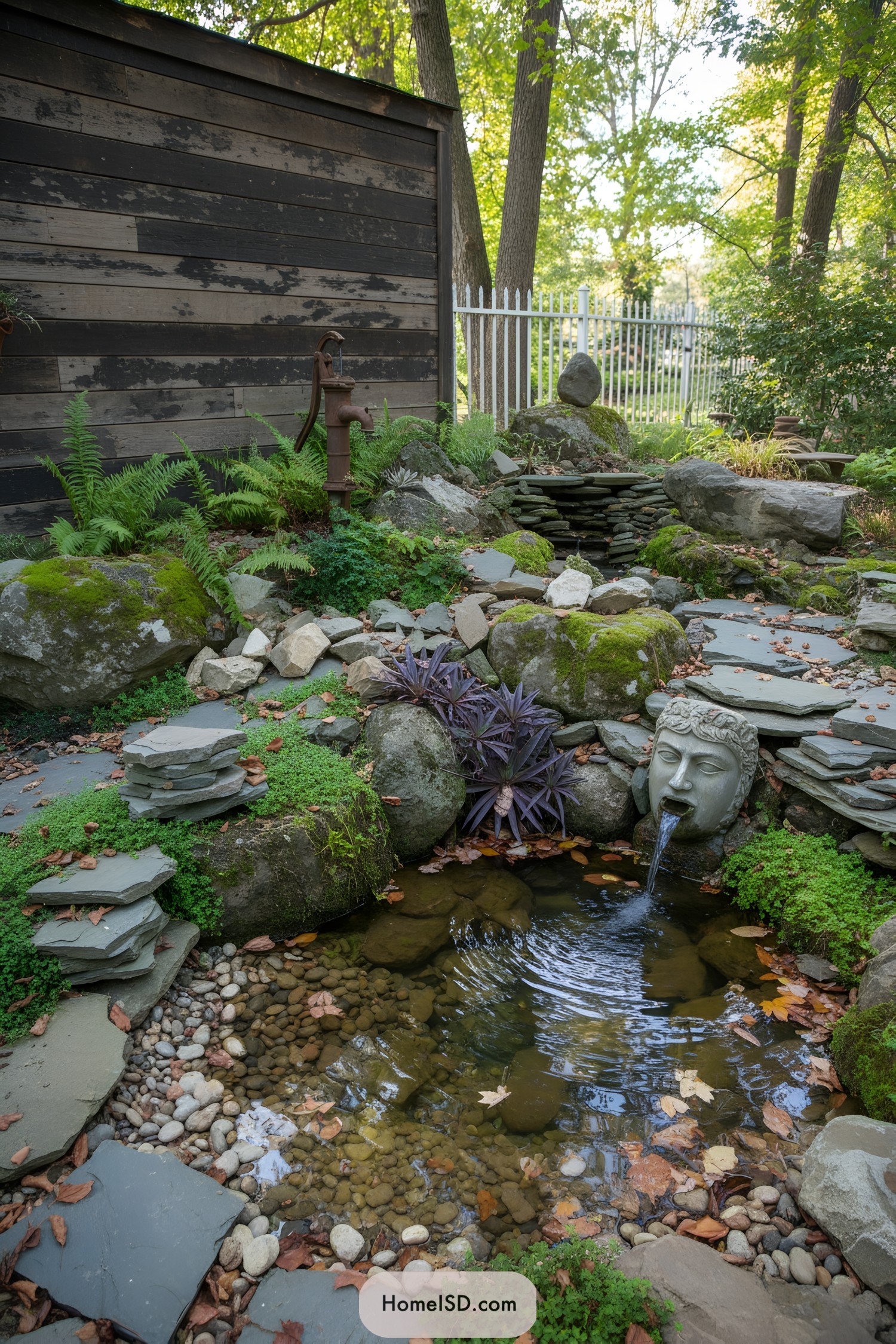 Small backyard pond with stone head fountain
