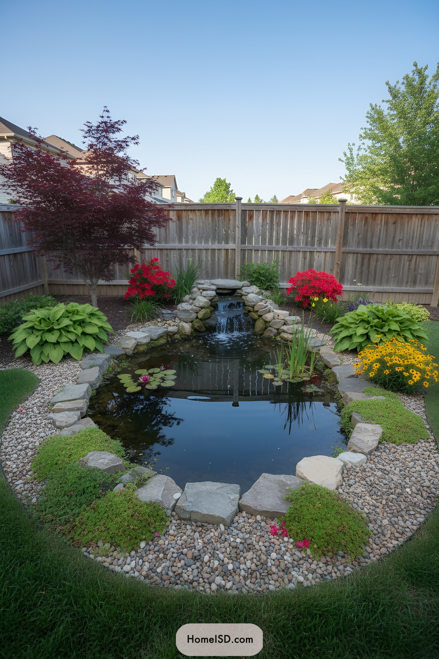 Backyard pond with small rock waterfall and colorful border plants