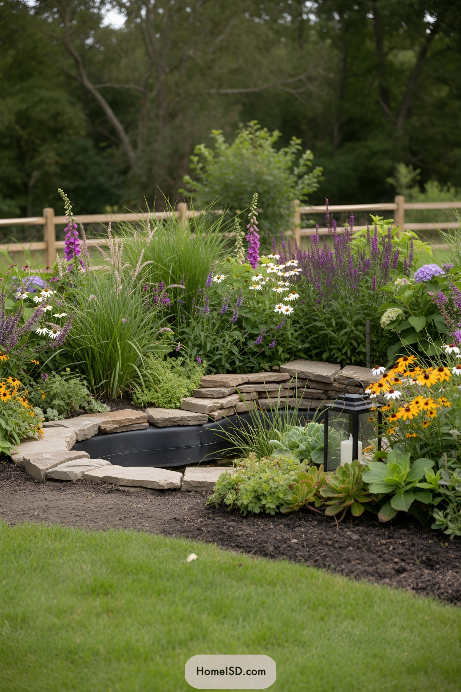 Small stone-edged garden pond surrounded by colorful flowers
