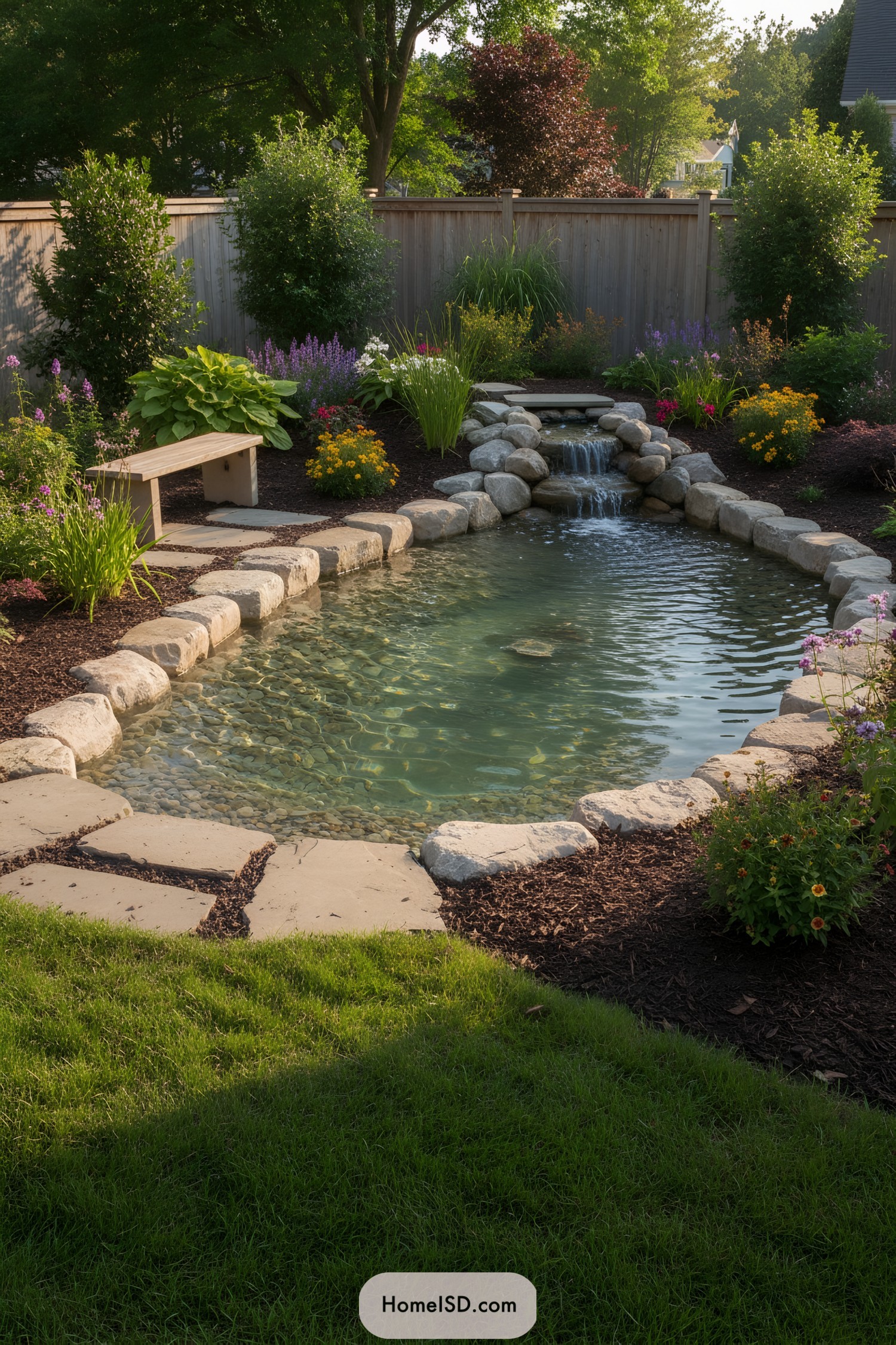 Clear backyard pond with stone waterfall, bench, and colorful garden beds