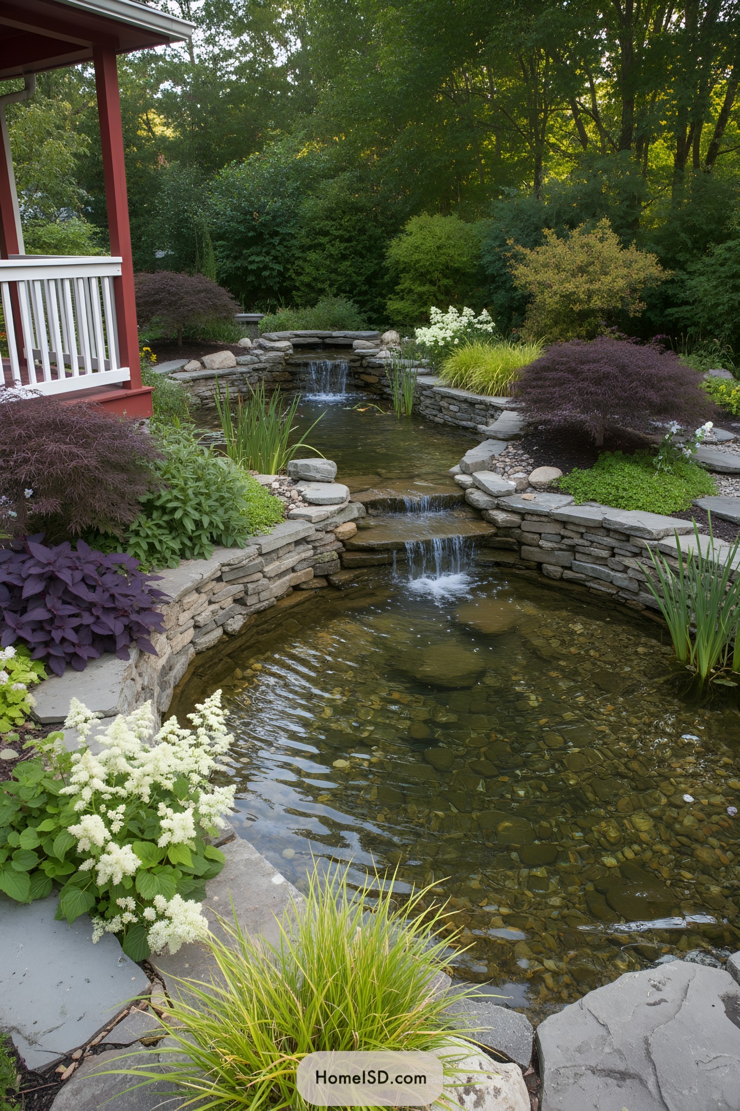 Backyard pond with tiered stone walls, cascading waterfalls, and lush plantings beside a red porch