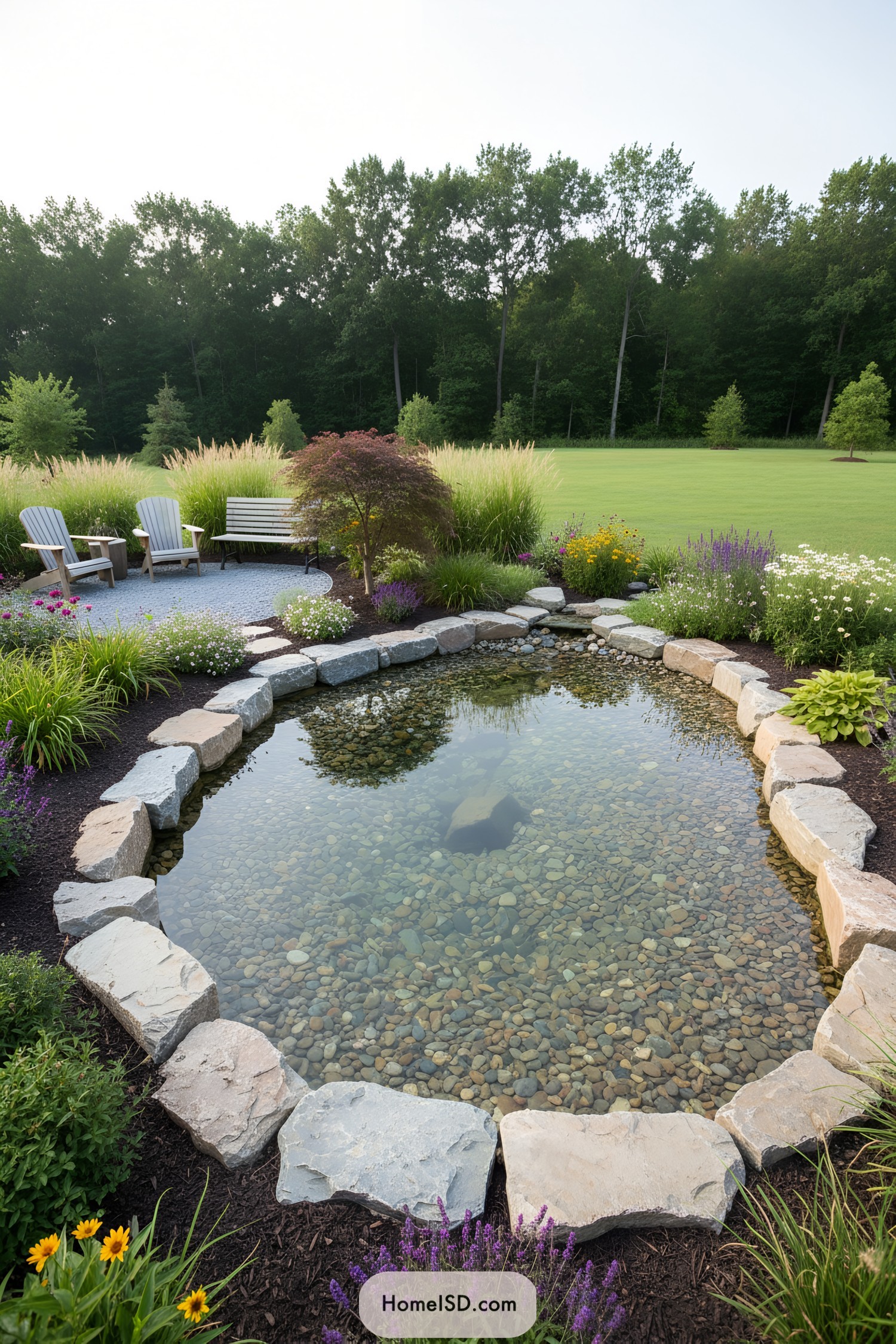 Natural stone-edged backyard pond beside gravel patio with Adirondack chairs and lush planting beds