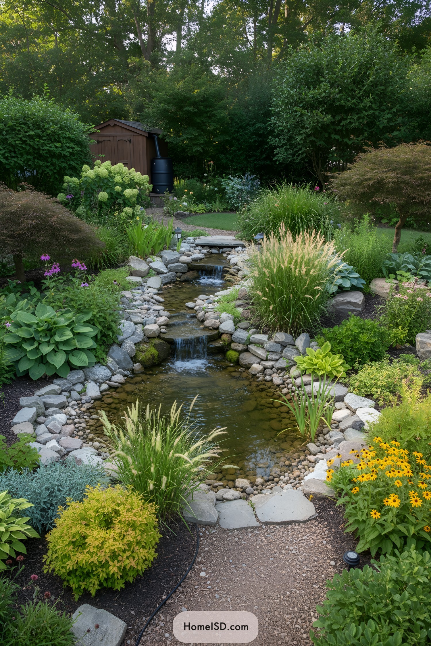 Layered stone backyard pond with cascading stream