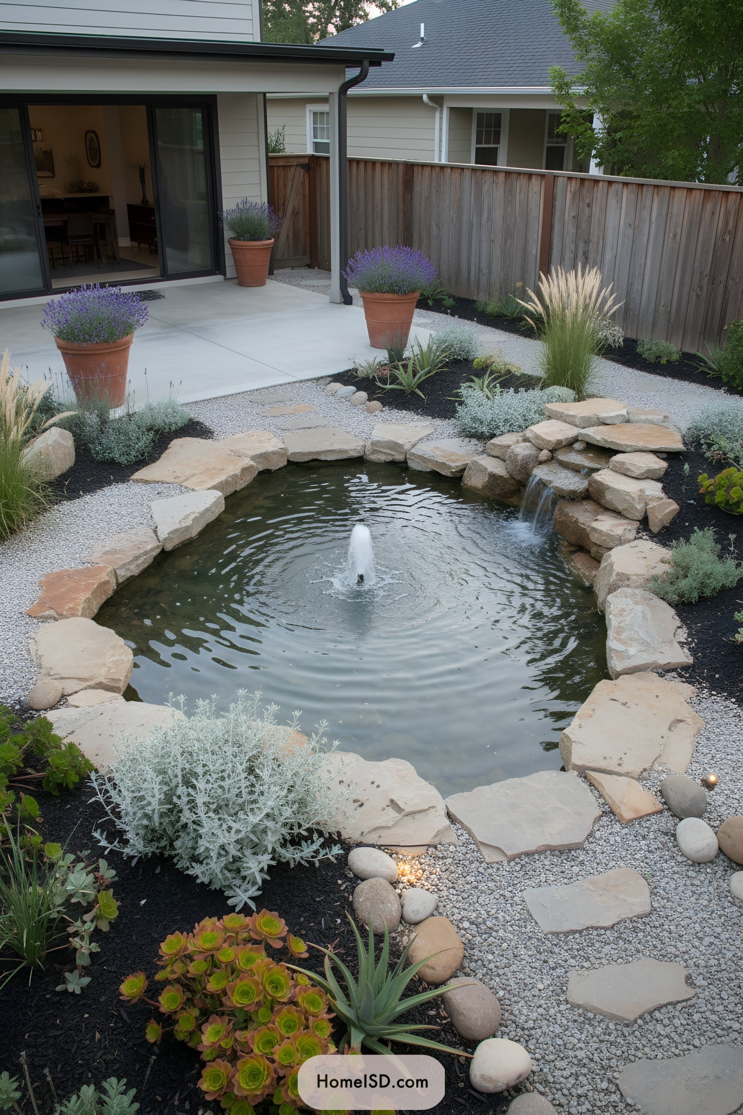 Backyard patio pond with stone-edged basin, small waterfall, and surrounding gravel garden