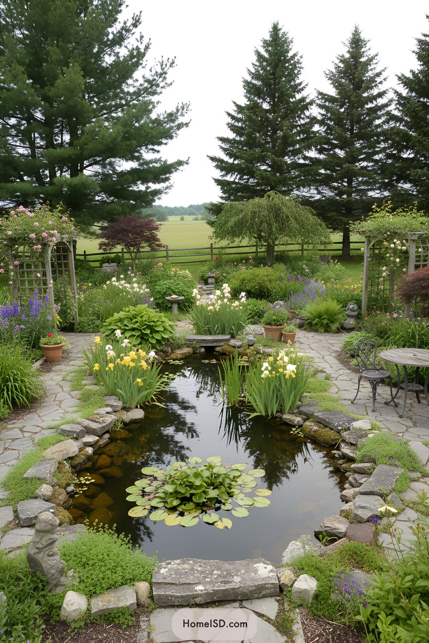 Flower-filled garden with stone-edged pond