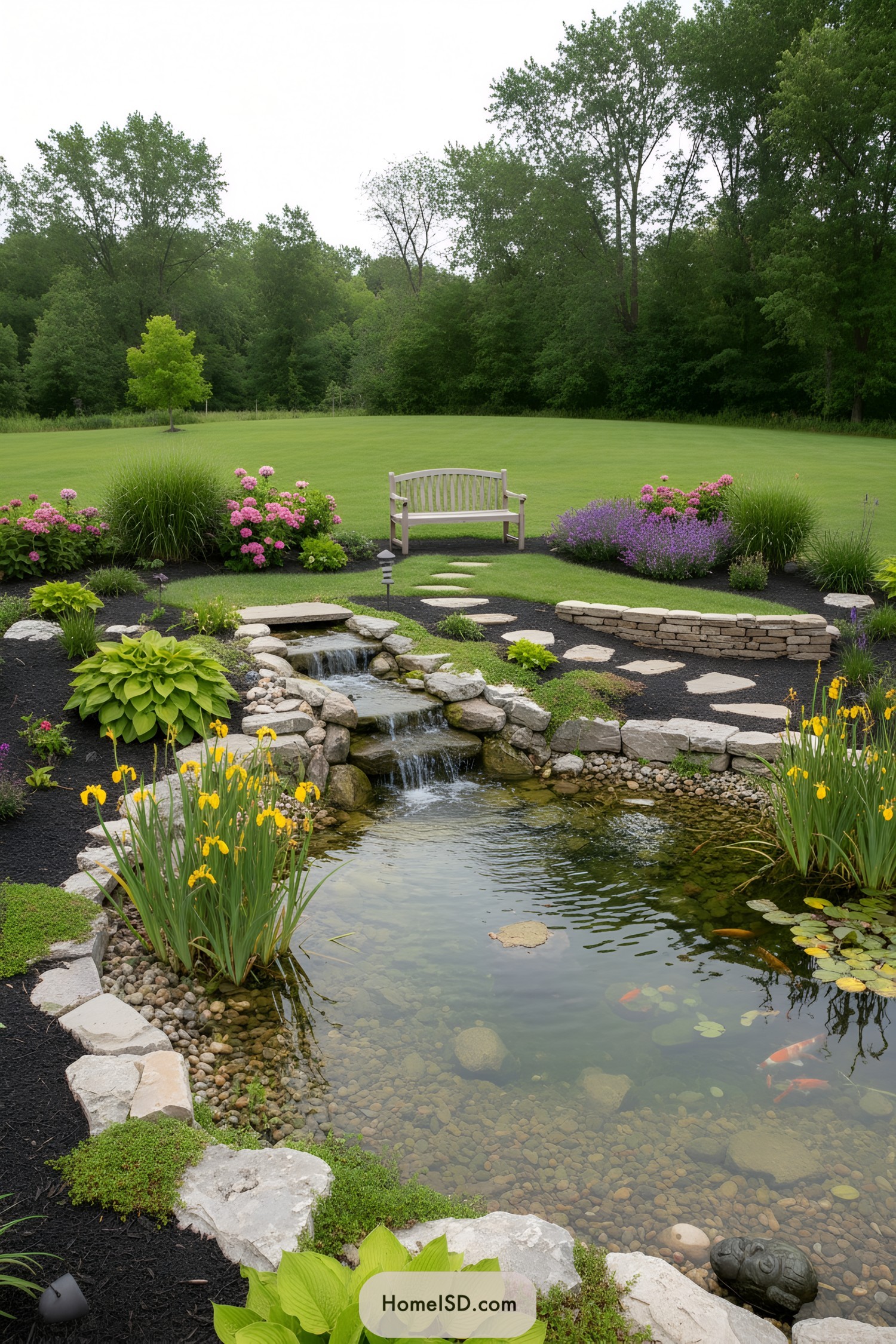 Flower-ringed koi pond with stone waterfall and garden bench in a wide green yard