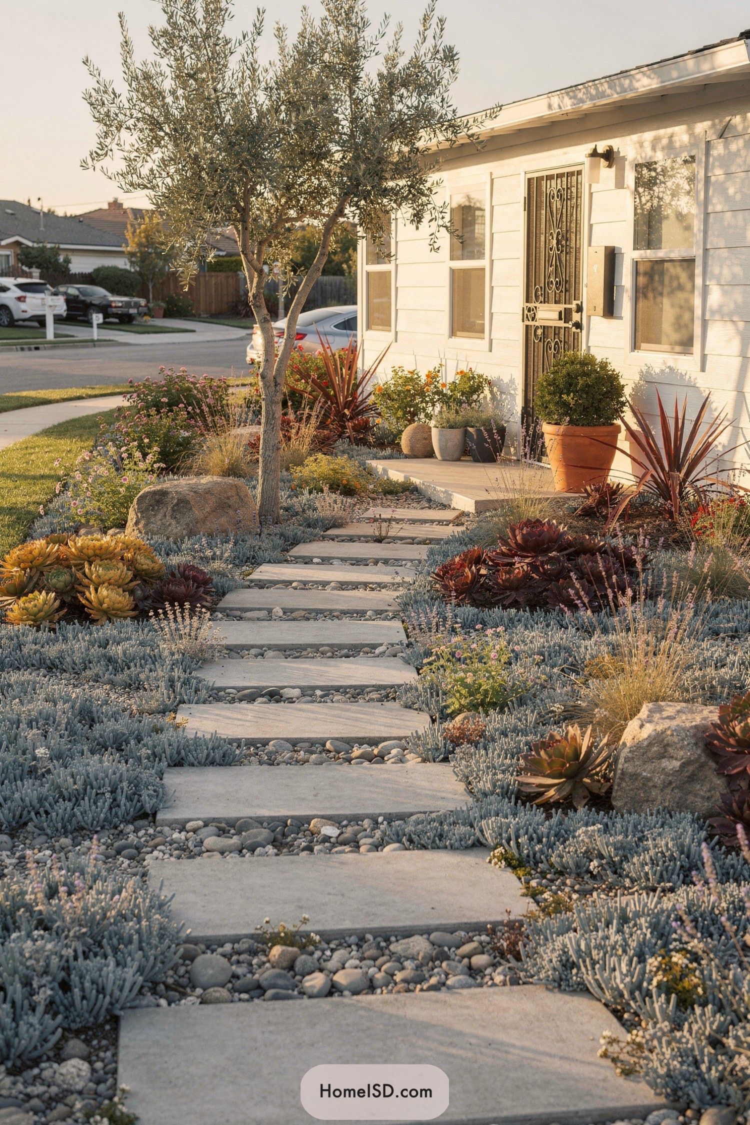 Stepping-stone walkway with river rock joints winding through a drought-tolerant front yard of silvery groundcovers, colorful succulents, and an olive tree leading to a small house entry