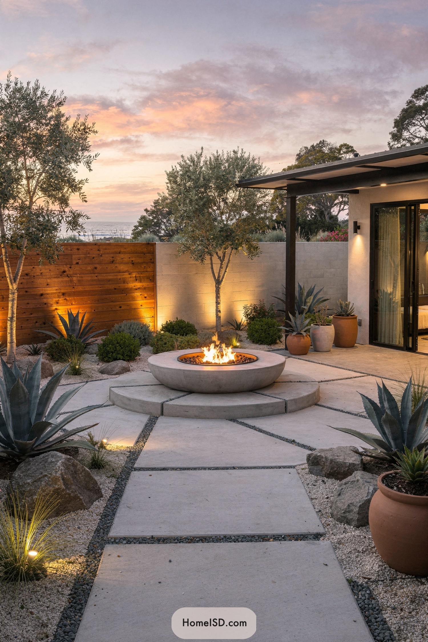 Modern desert courtyard with round fire pit