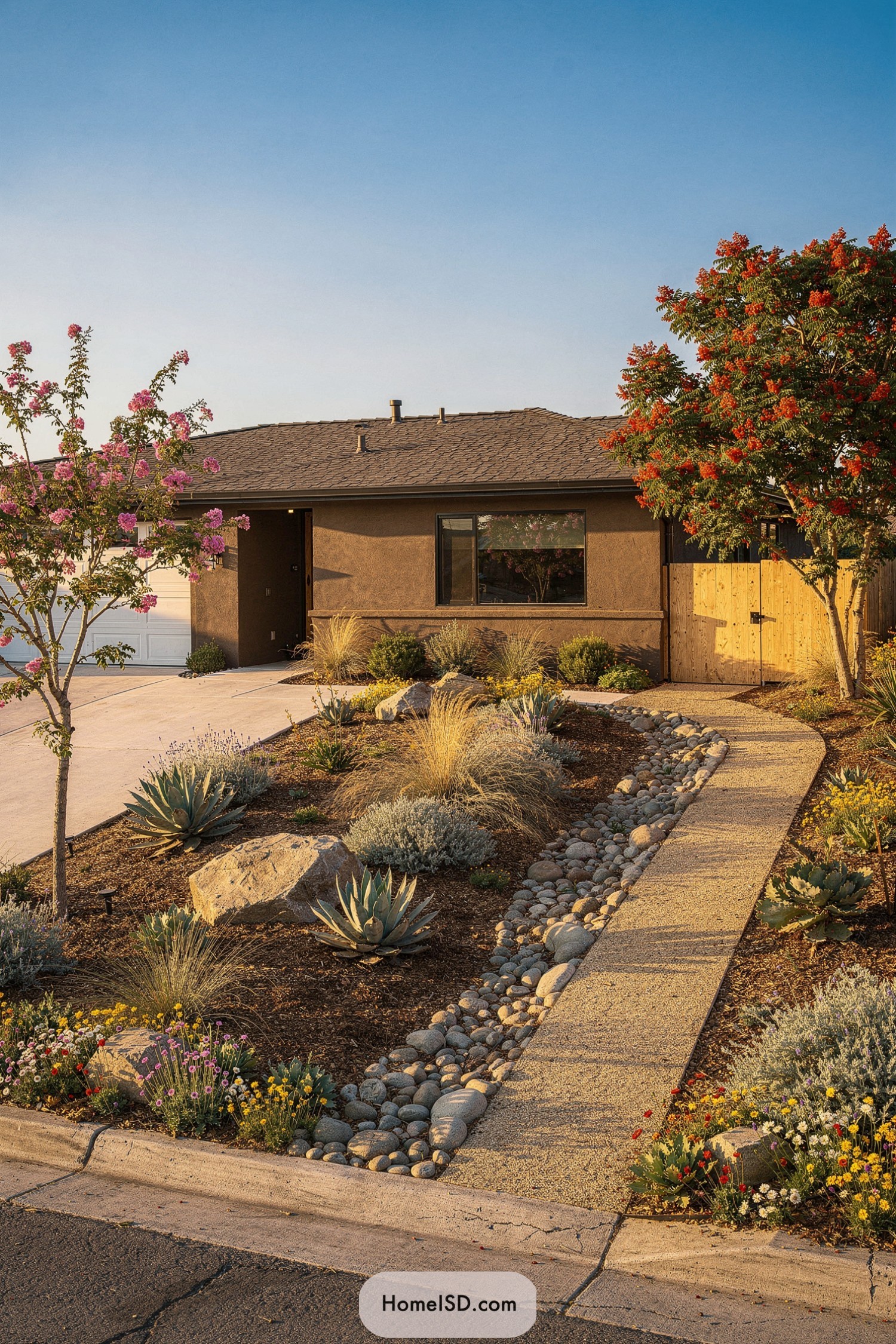 Drought-tolerant front yard with stone-edged path
