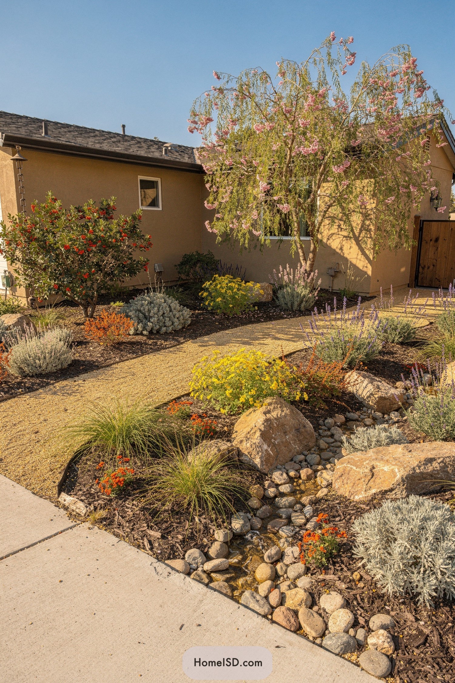 Colorful drought-tolerant front yard with dry creek bed and flowering tree