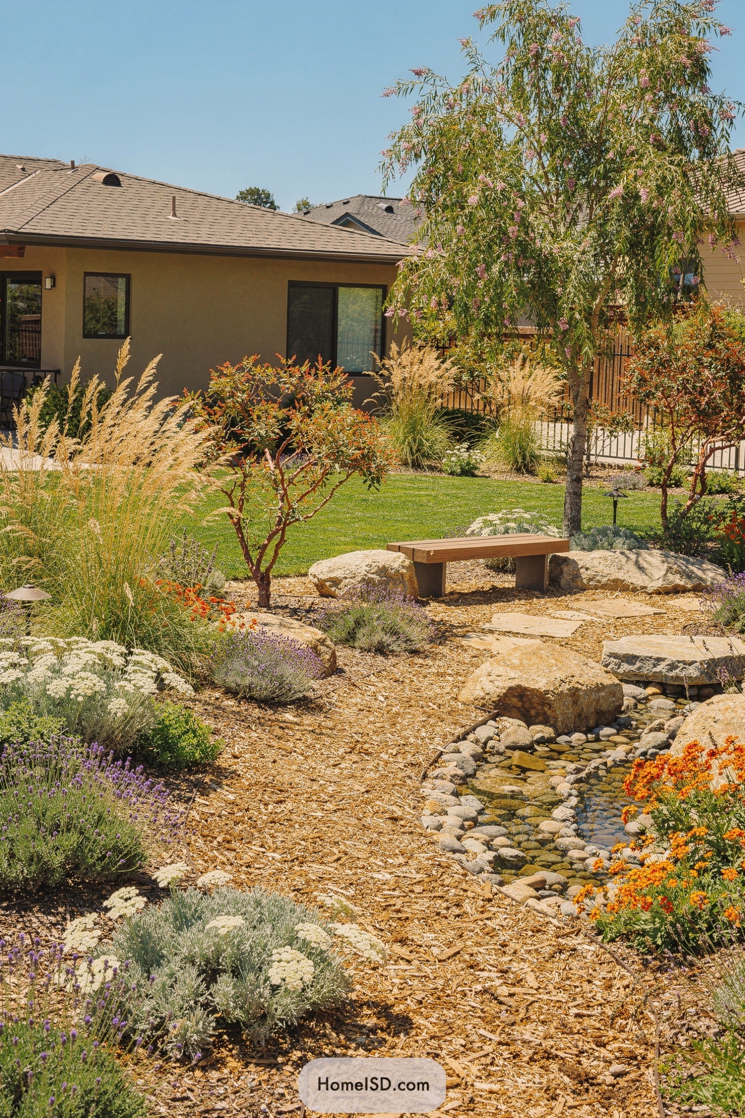 California backyard garden with bench and pebble-edged stream