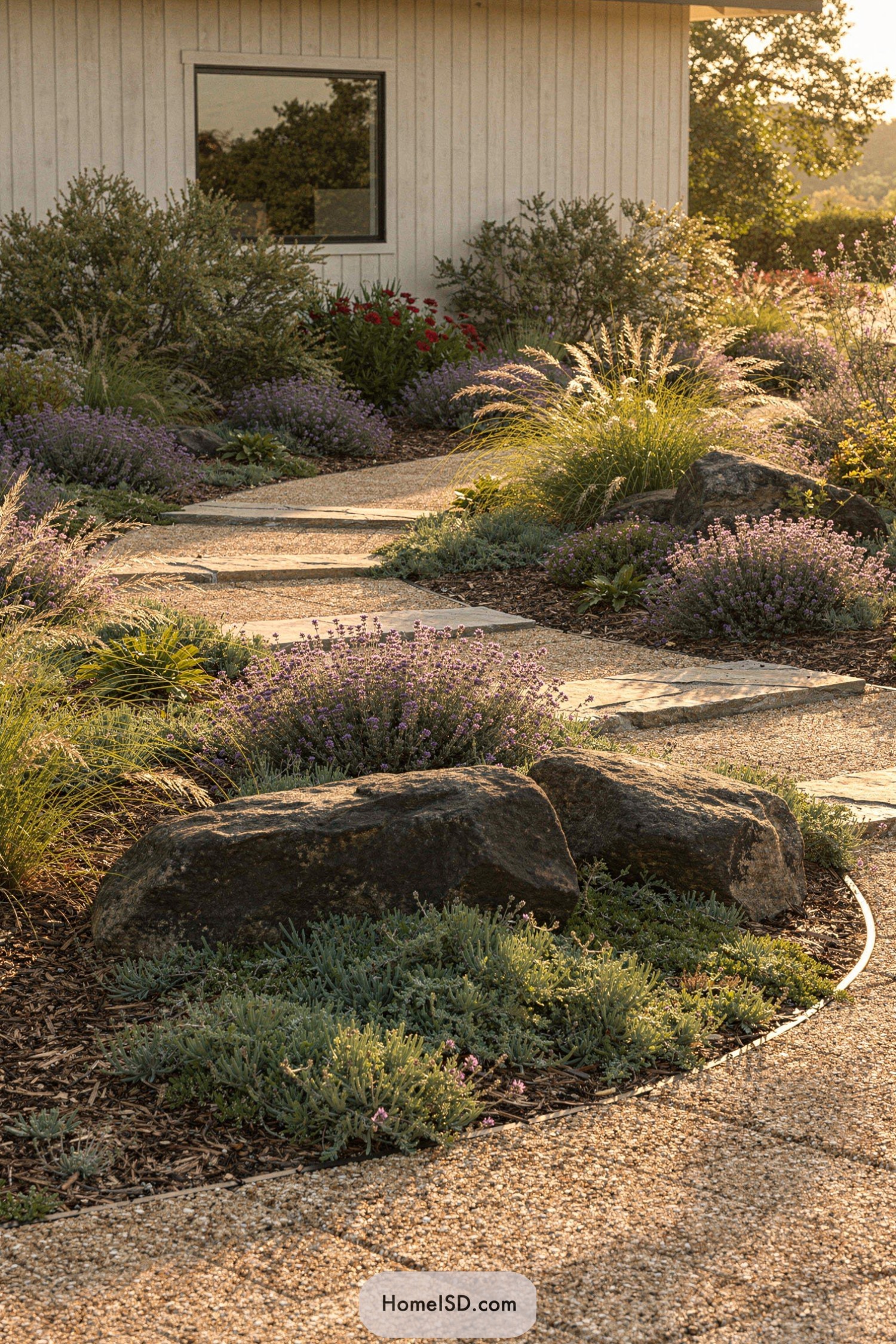 Soft golden-hour garden with gravel path, stone steps, boulders, and billowing lavender around a modern farmhouse