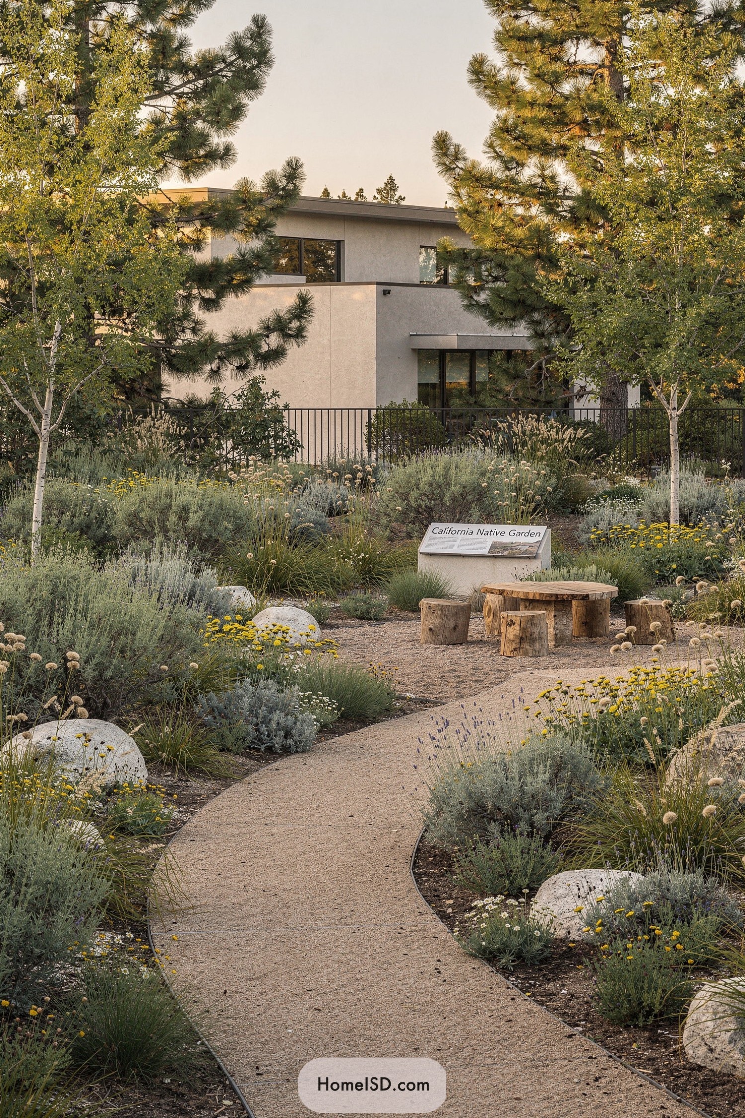 Curving gravel path through native California garden leading to rustic log seating and a modern home
