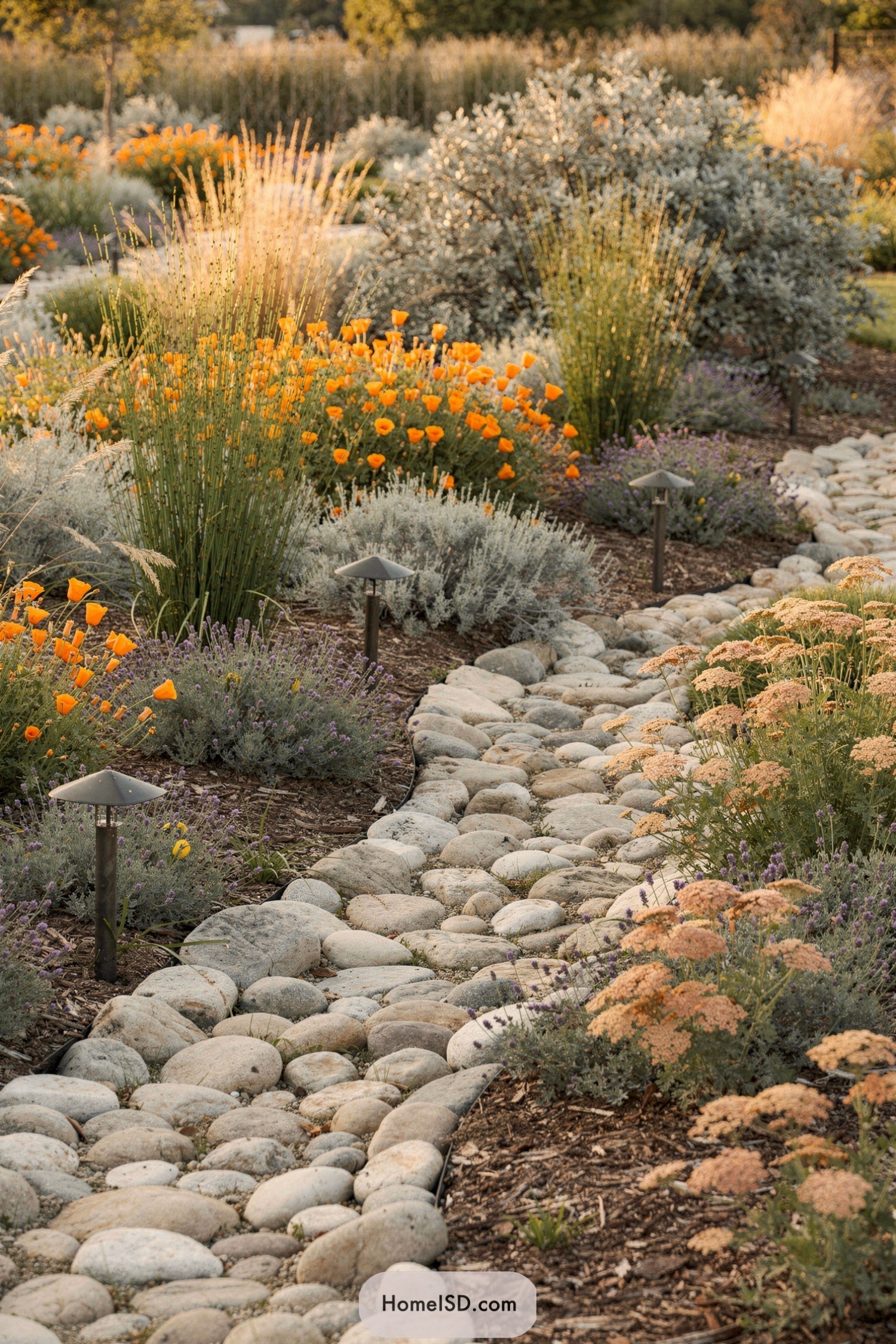 Rocky garden path winding through native flowers