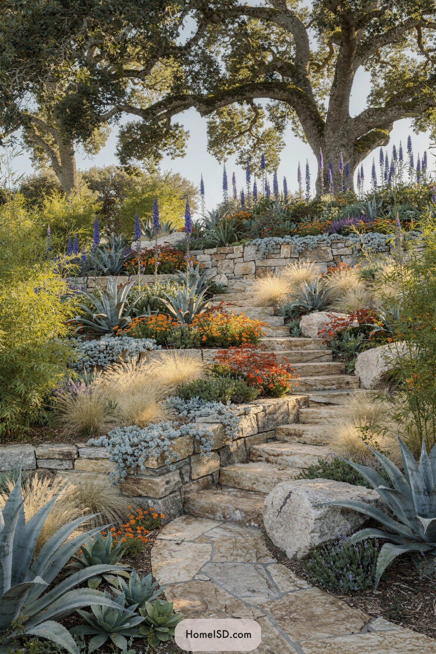 Stone steps winding through terraced drought-tolerant garden