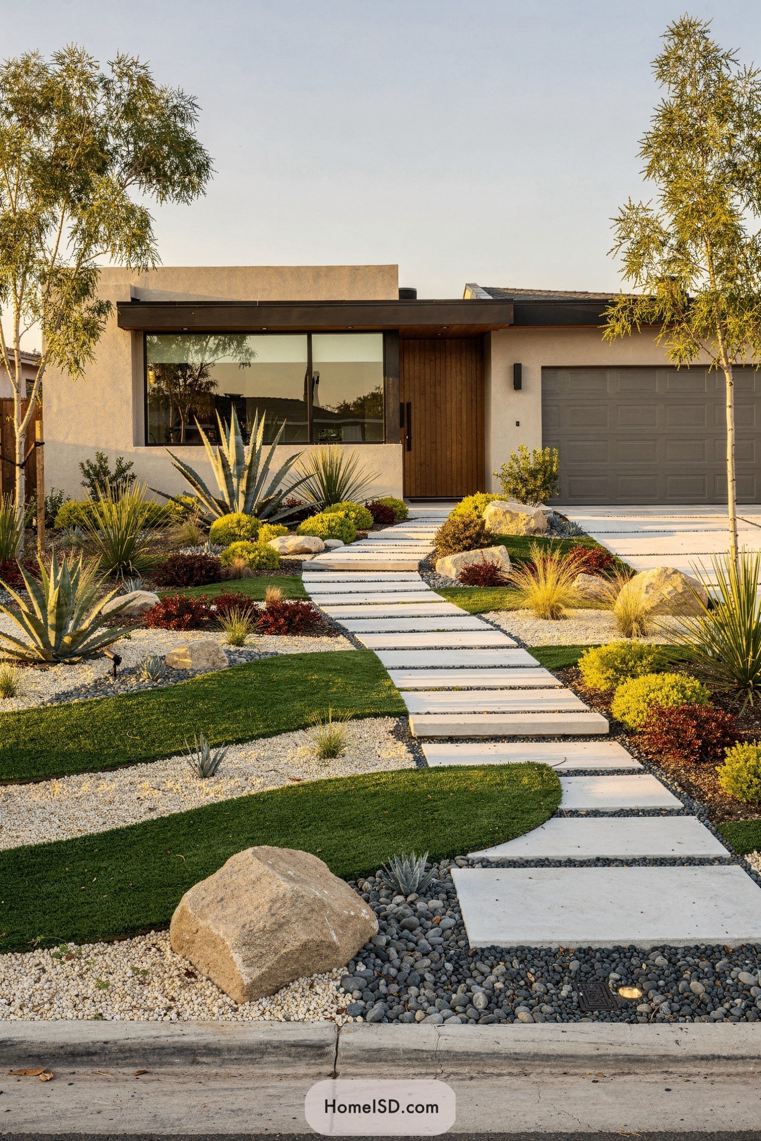 Modern drought-tolerant front yard with curving path