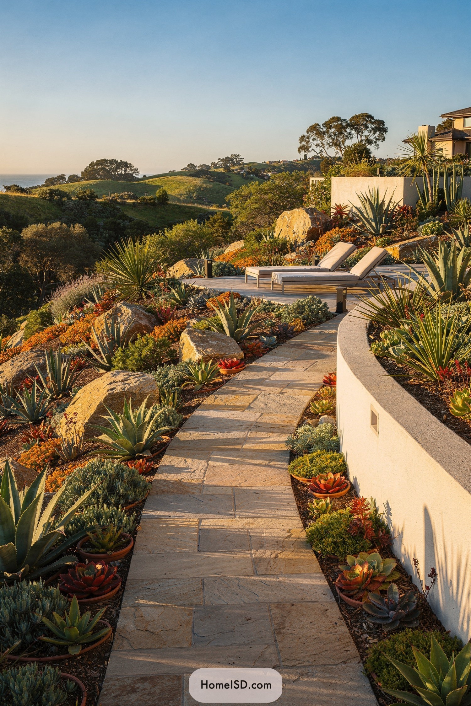 Curved stone path winding through a colorful succulent hillside garden beside a lounge deck