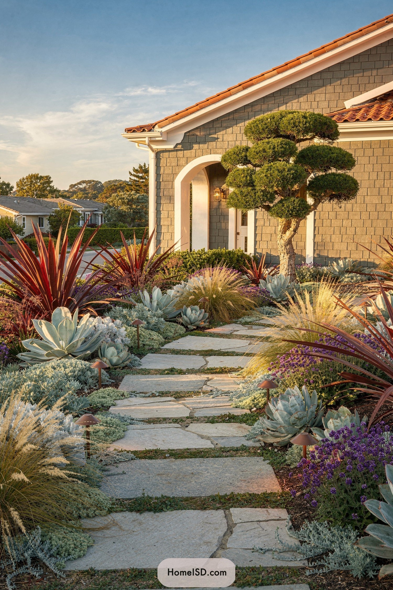 Stepping stone path through colorful succulent front yard with sculpted tree beside a shingle house at sunset