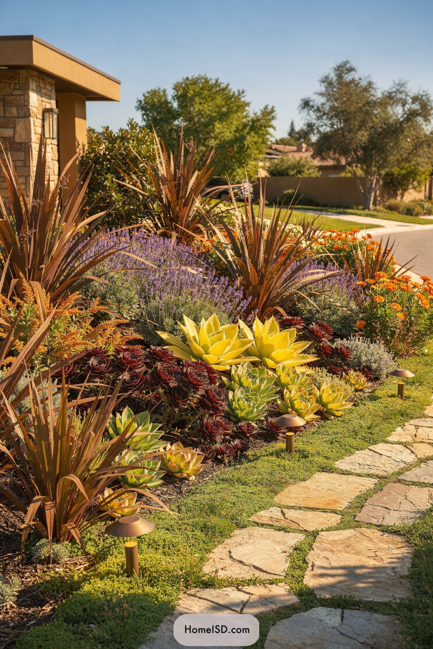Colorful drought tolerant front yard with succulents