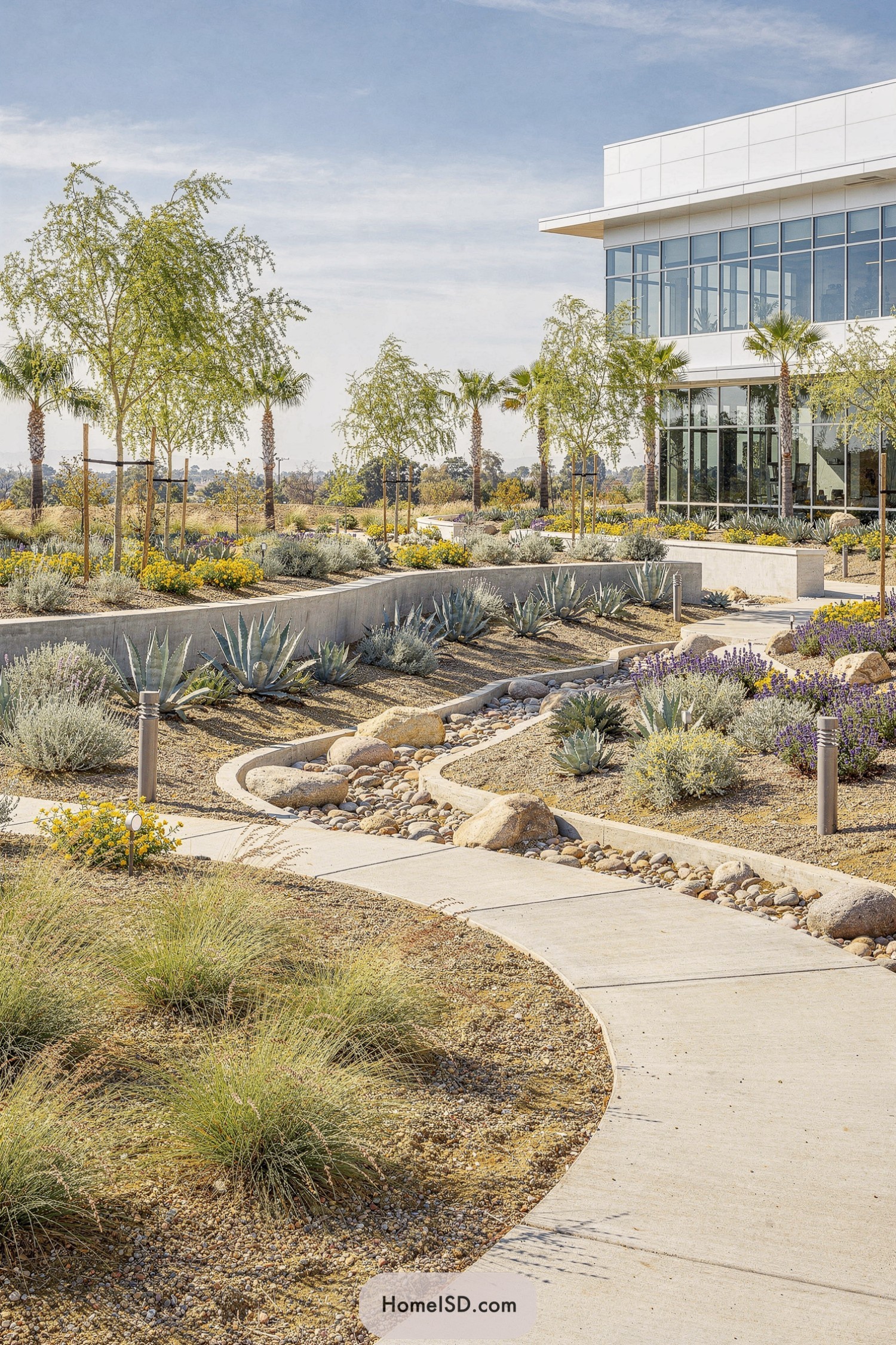 Modern office building with curving paths, dry creek bed, and drought-tolerant plantings