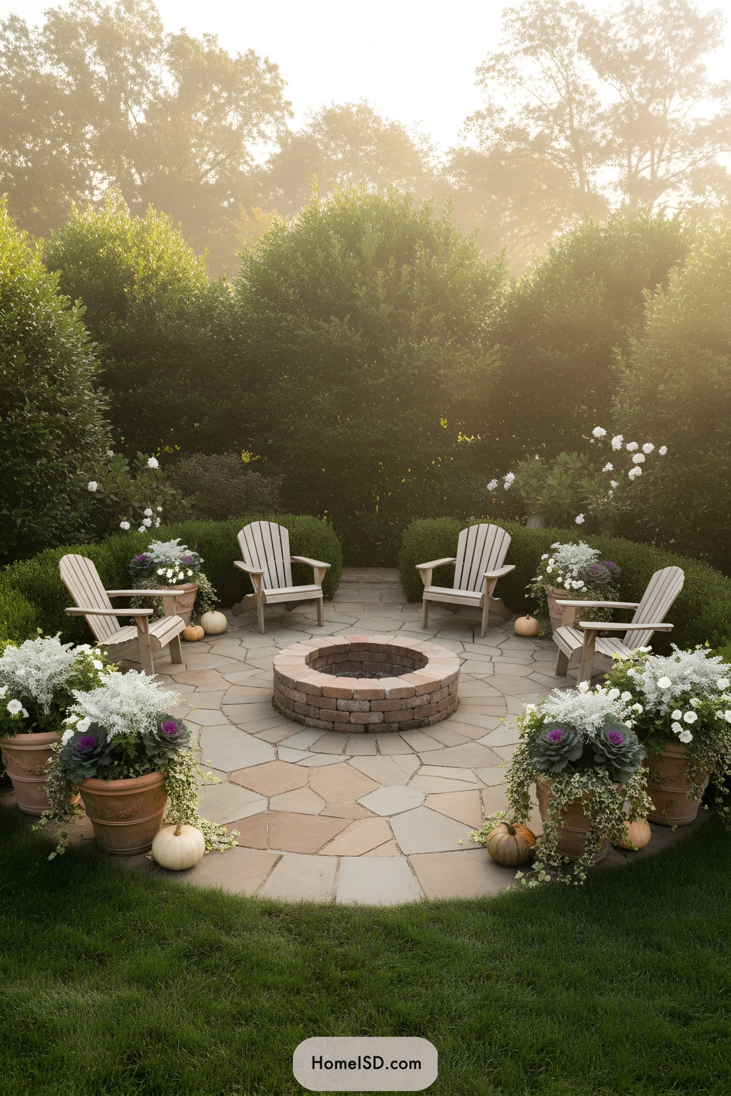 Circular stone patio with fire pit, Adirondack chairs, and overflowing planters, framed by dense green hedges