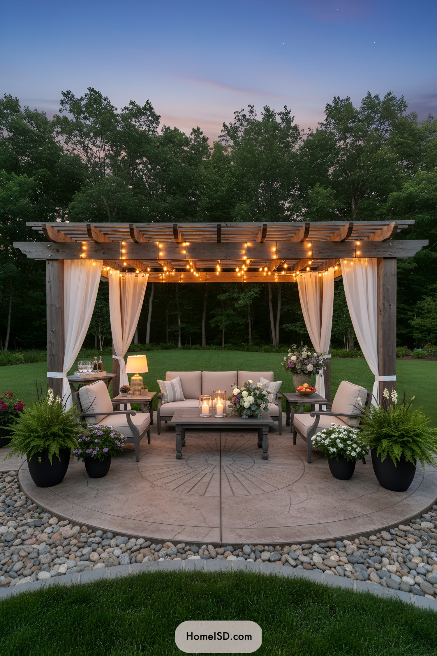 Cozy pergola seating area with string lights at dusk