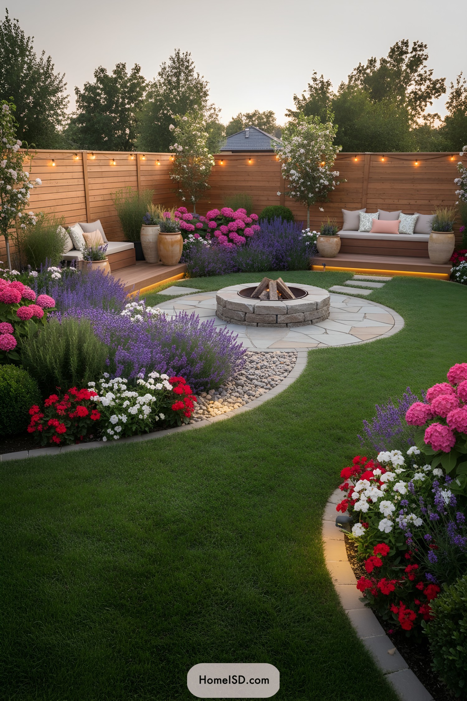 Colorful backyard garden with circular fire pit
