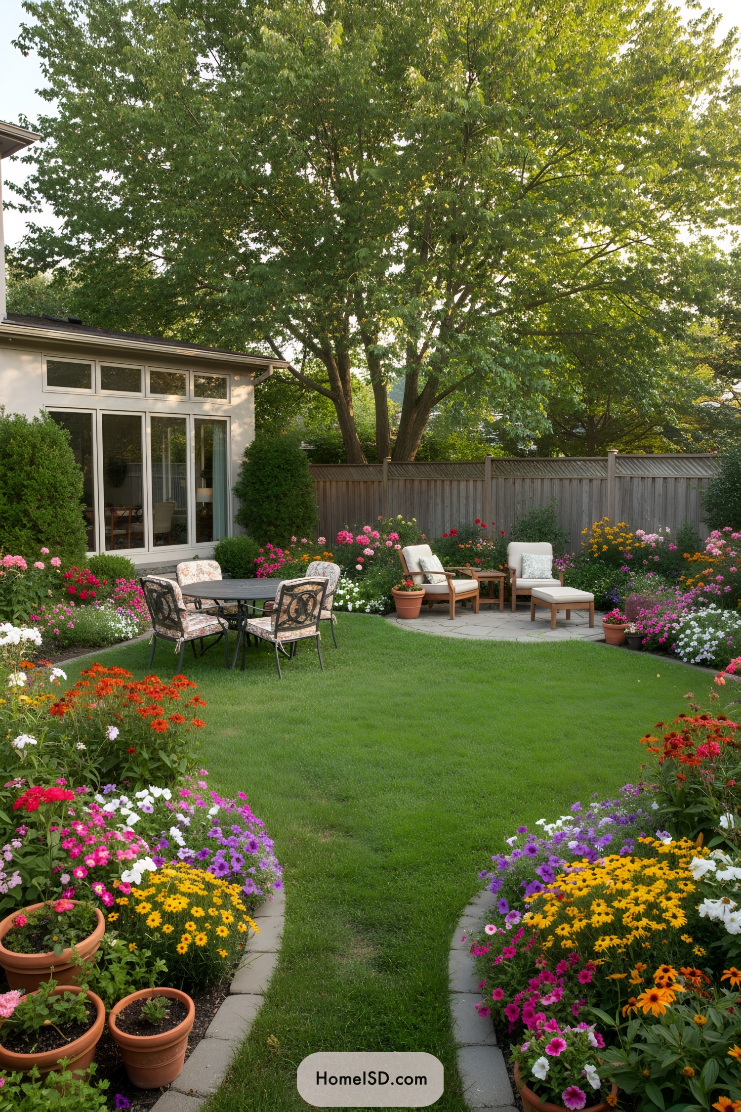 Lush backyard garden with flower borders, lawn, and two seating areas