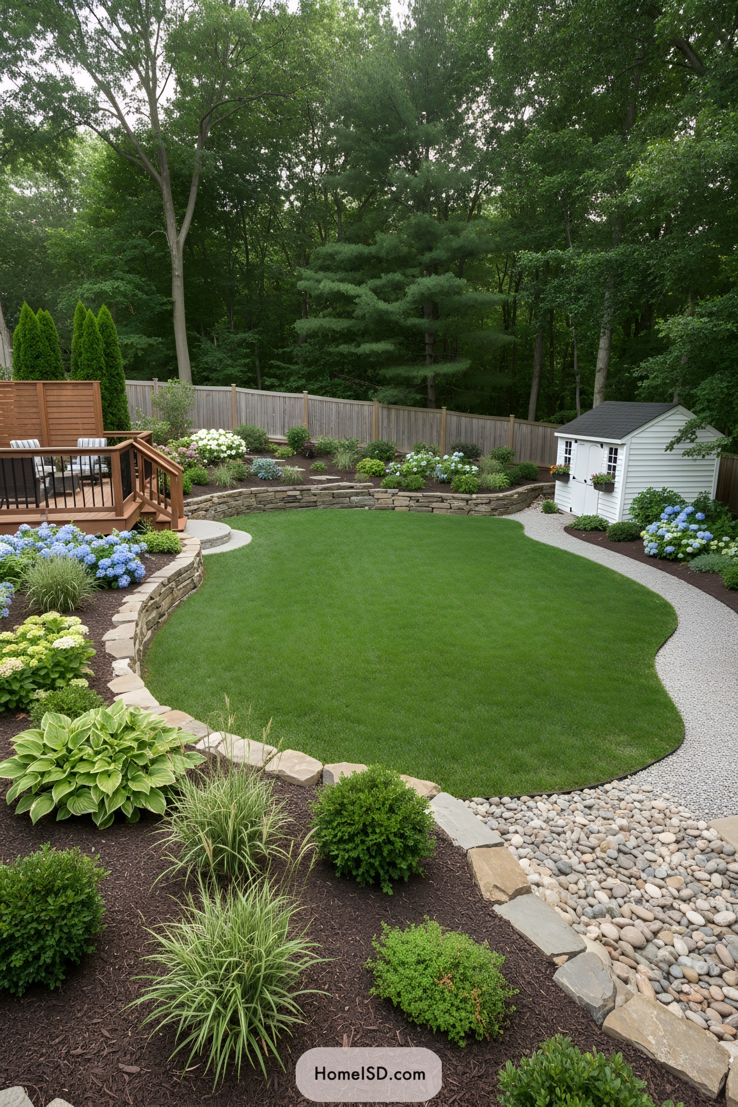 Tiered backyard with sunken lawn, wooden deck, small white shed, and curved planting beds