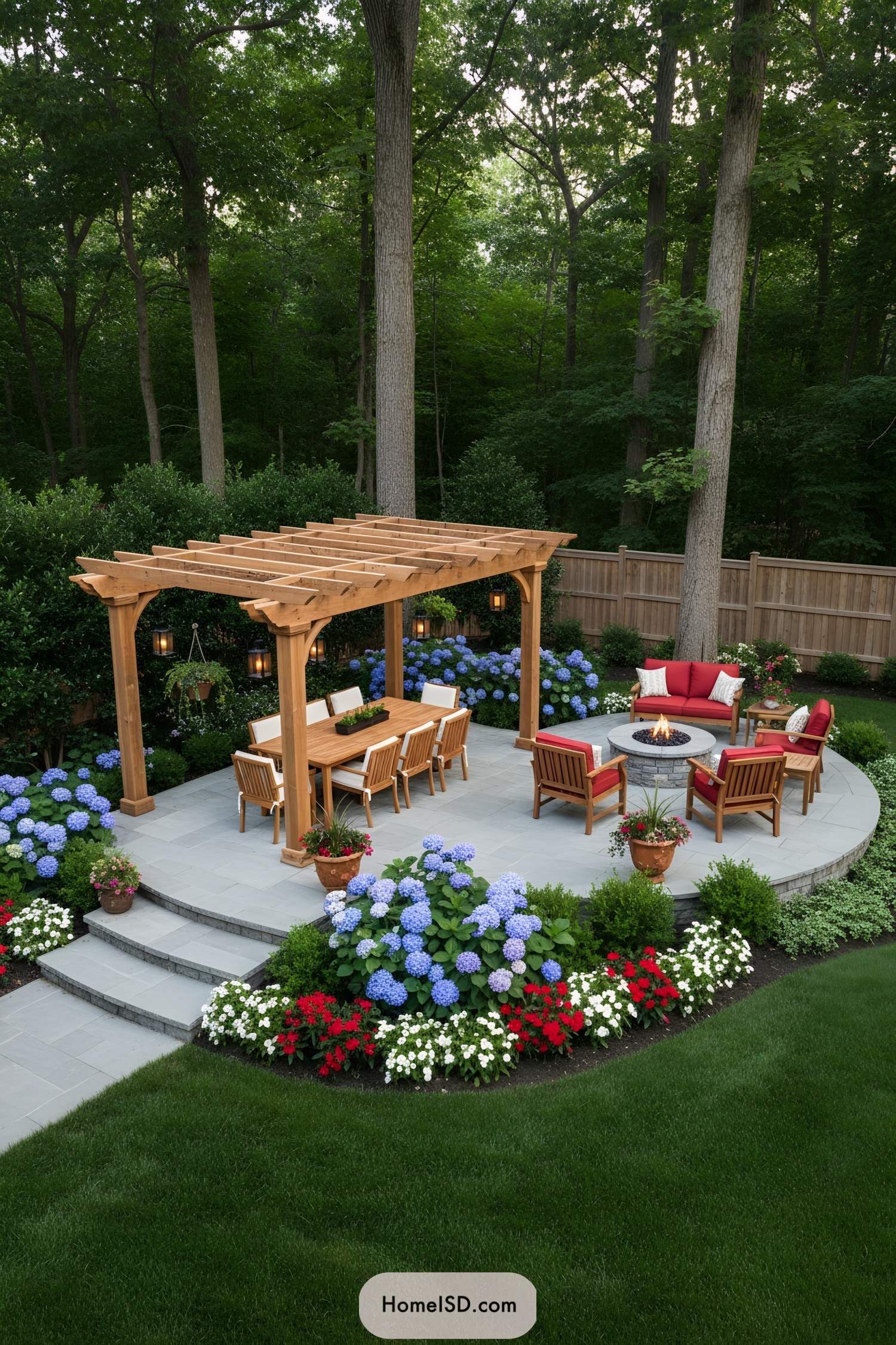 Backyard patio with wooden pergola dining area and circular fire pit surrounded by hydrangeas
