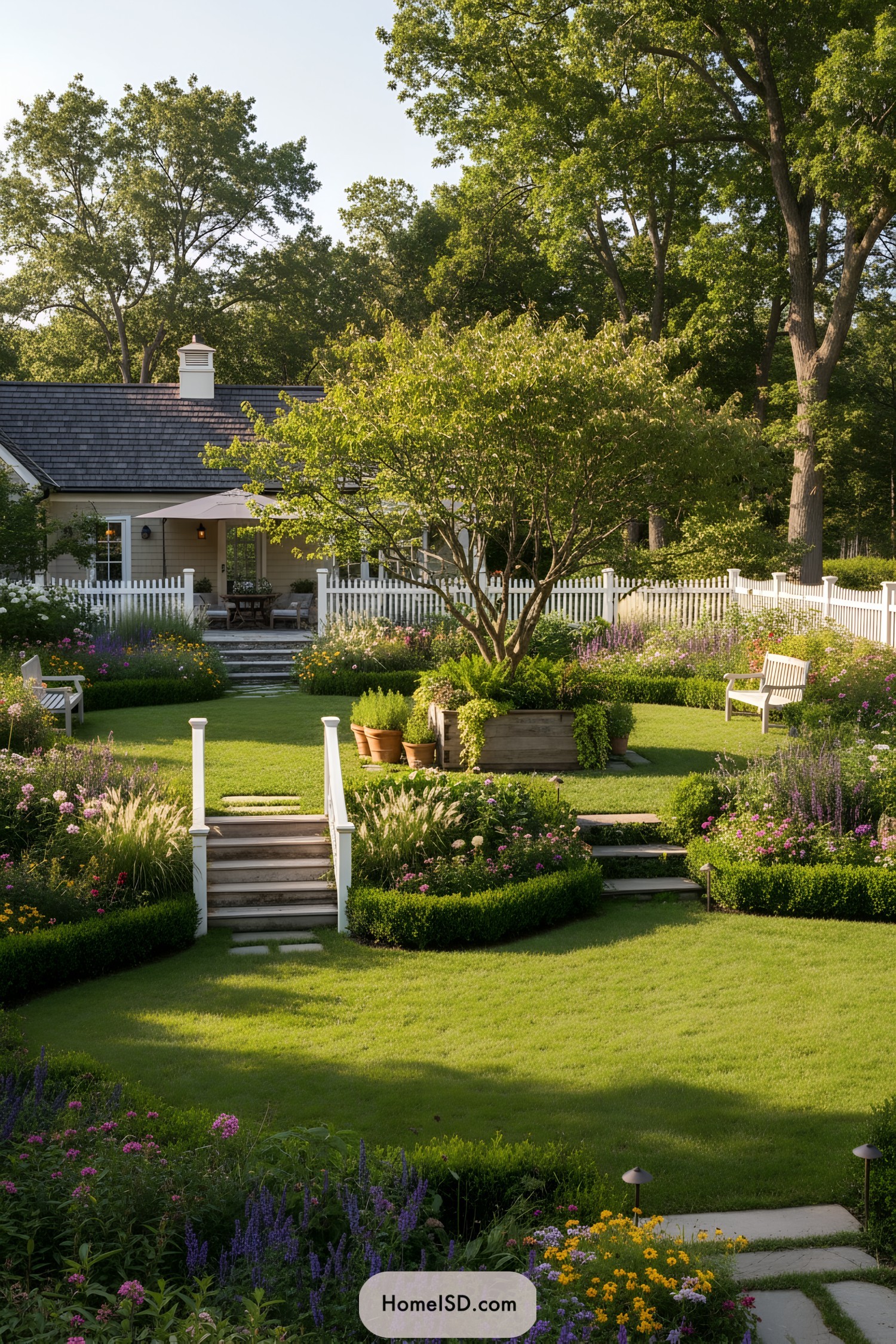 Backyard cottage garden with tiered lawns, central tree, and lush flower beds framed by white picket fencing