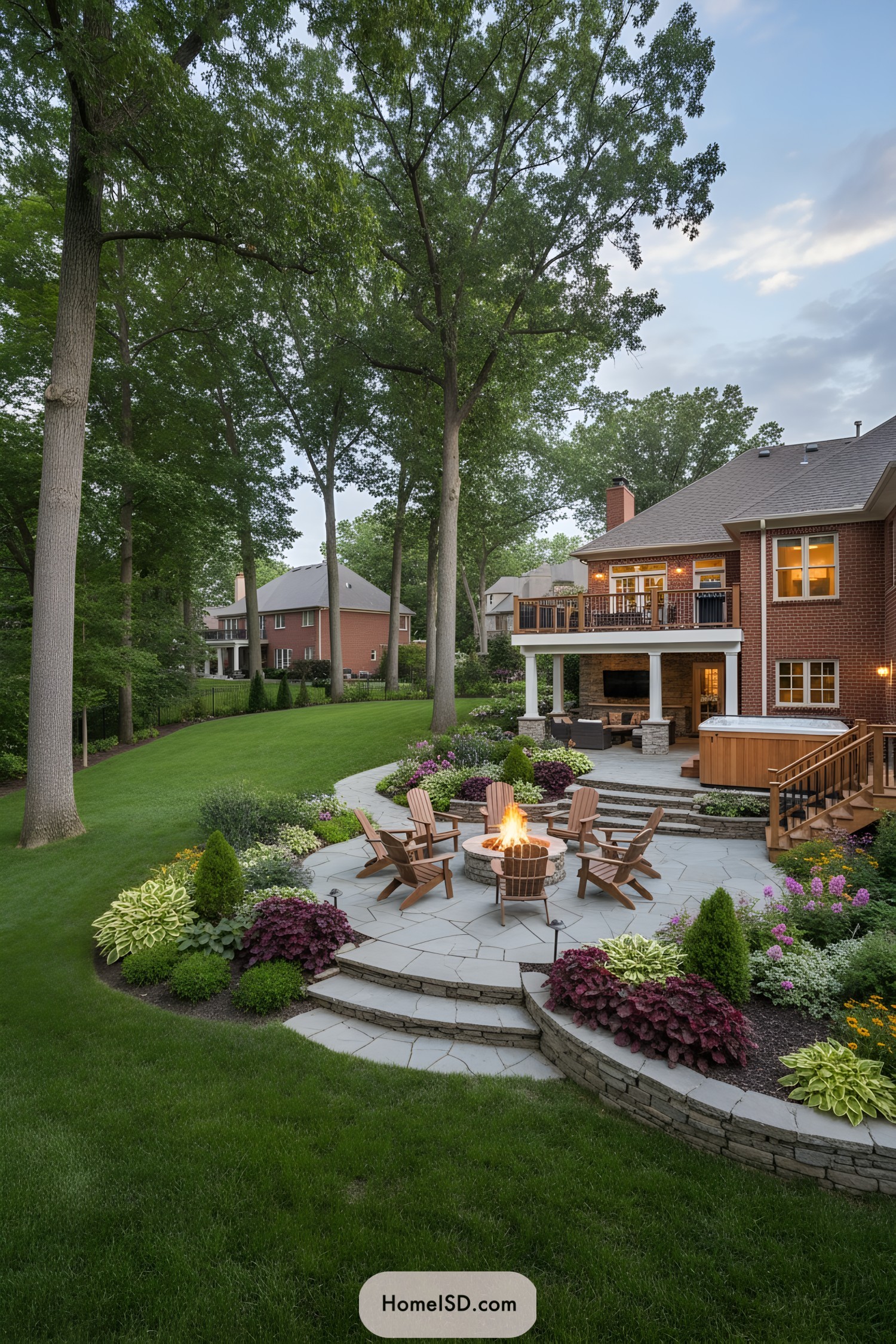 Lush backyard stone patio with firepit and garden seating