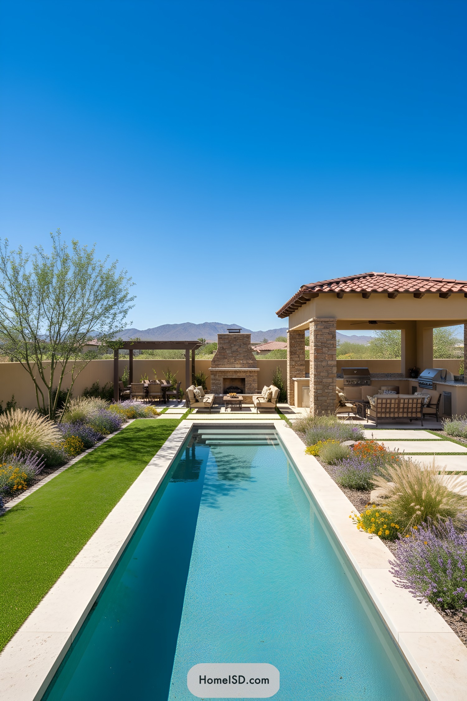 Narrow backyard lap pool beside covered patio outdoor kitchen and fireplace