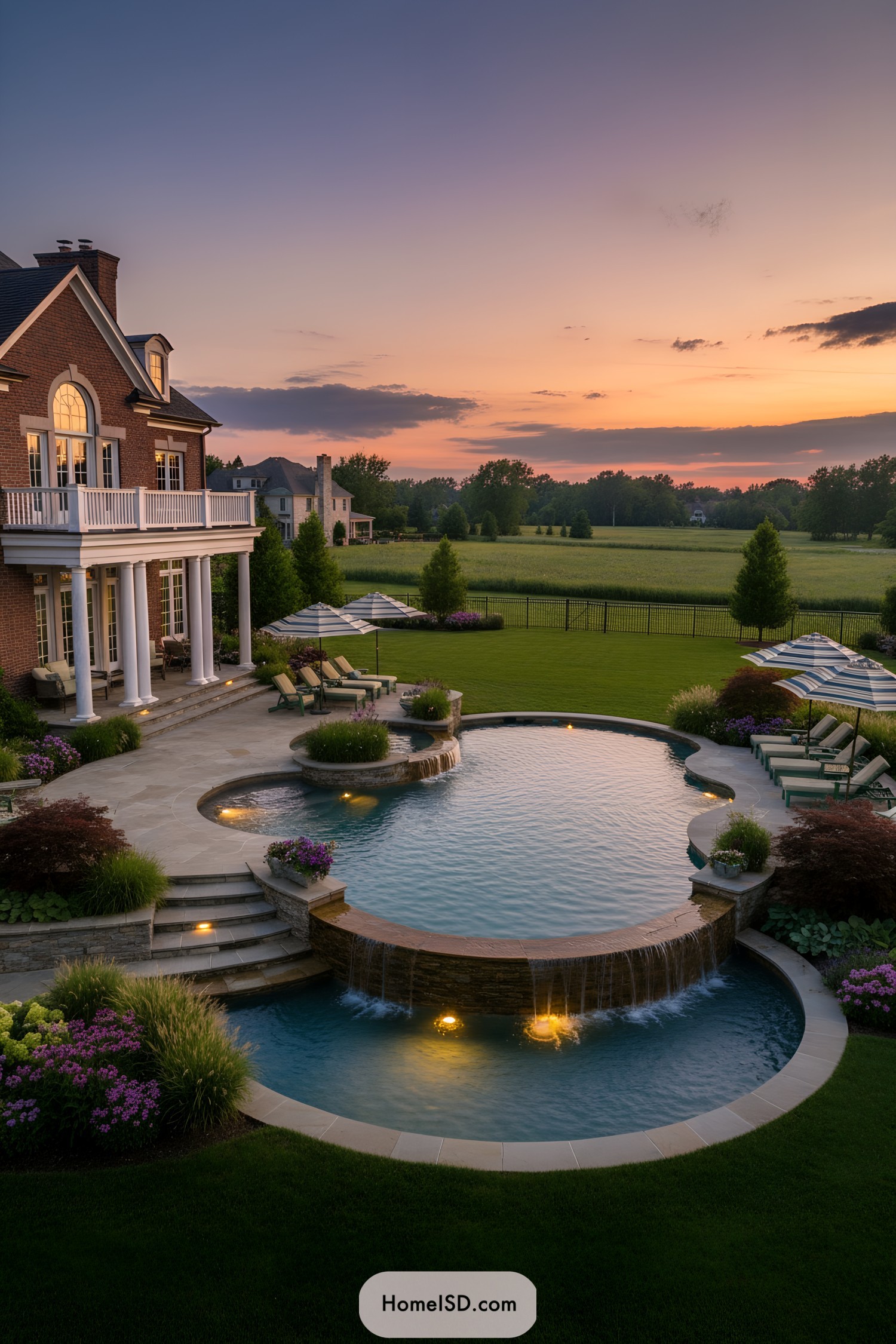 Tiered backyard pool with stone waterfalls at sunset behind a brick manor house