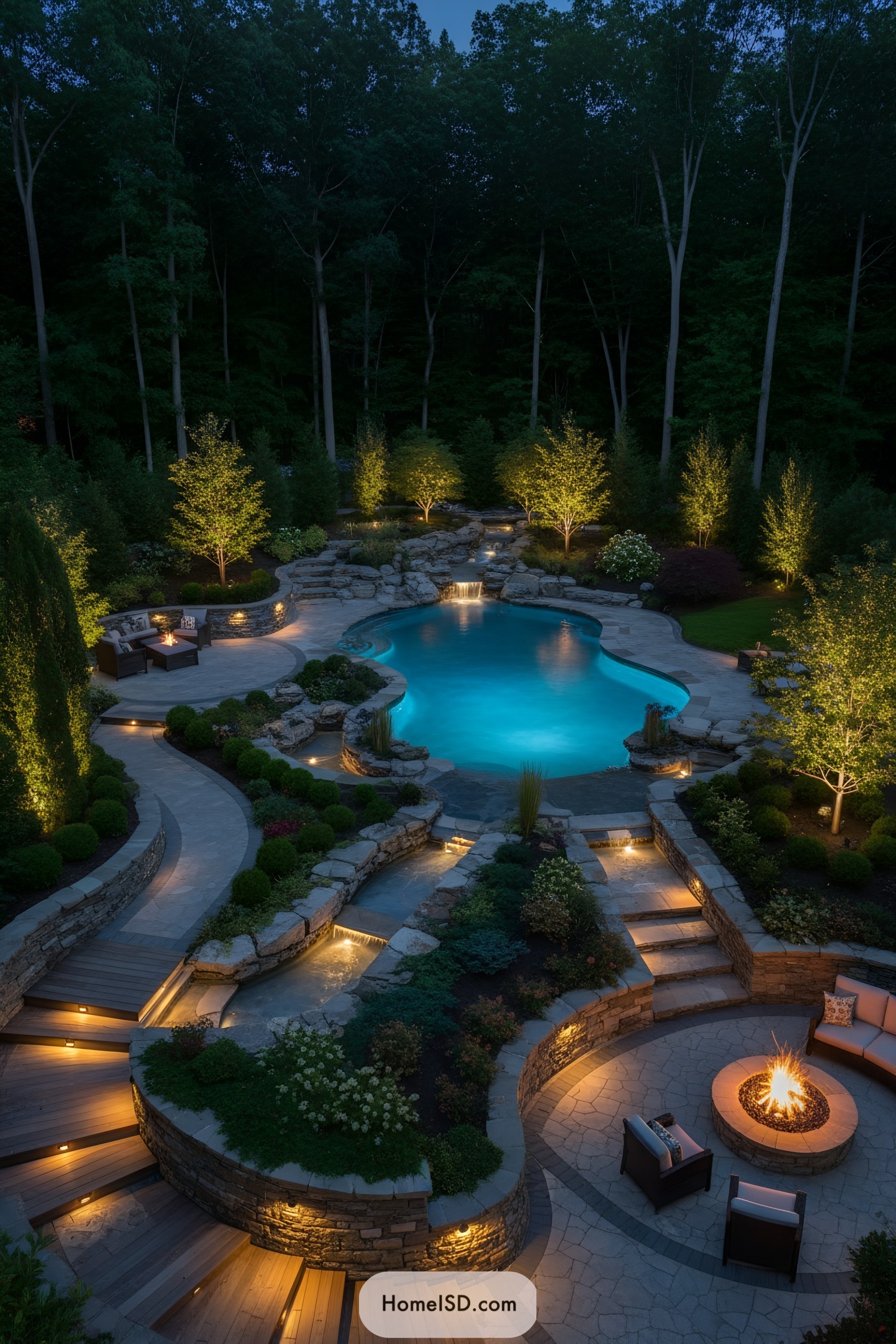 Multi-level backyard pool and firepit at night