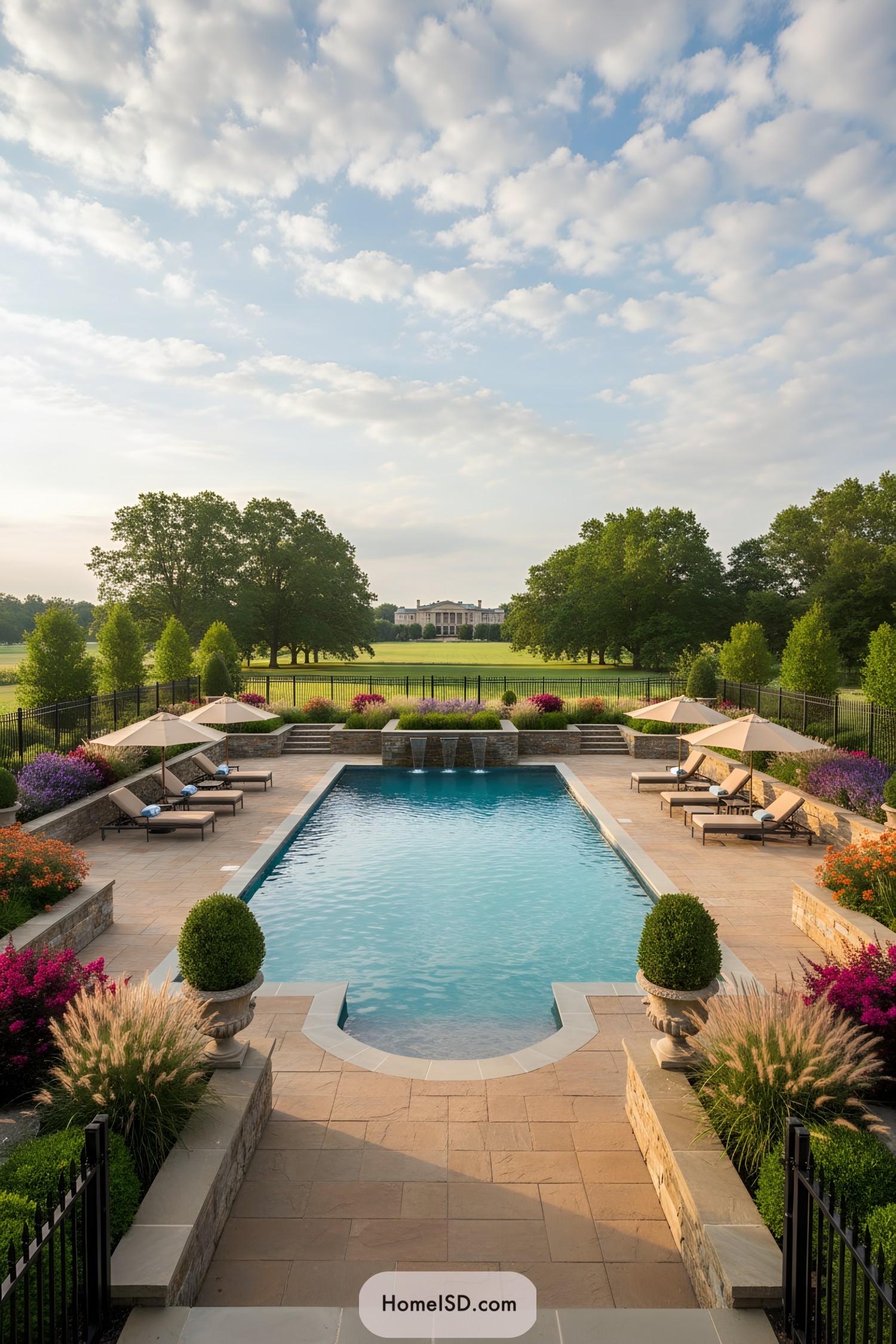 Formal backyard pool with stone terrace, colorful plantings, and distant manor view