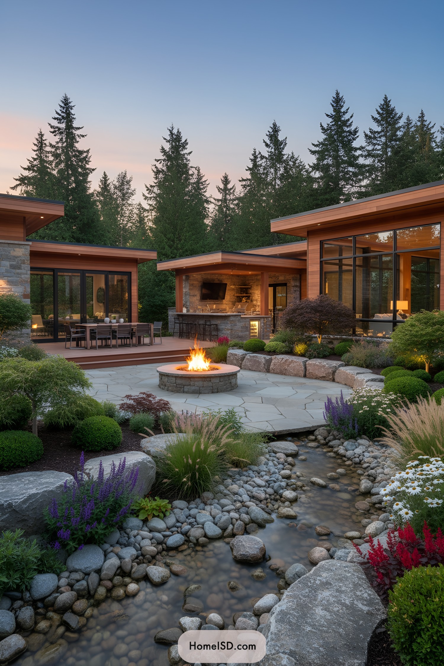 Modern backyard with fire pit and stream