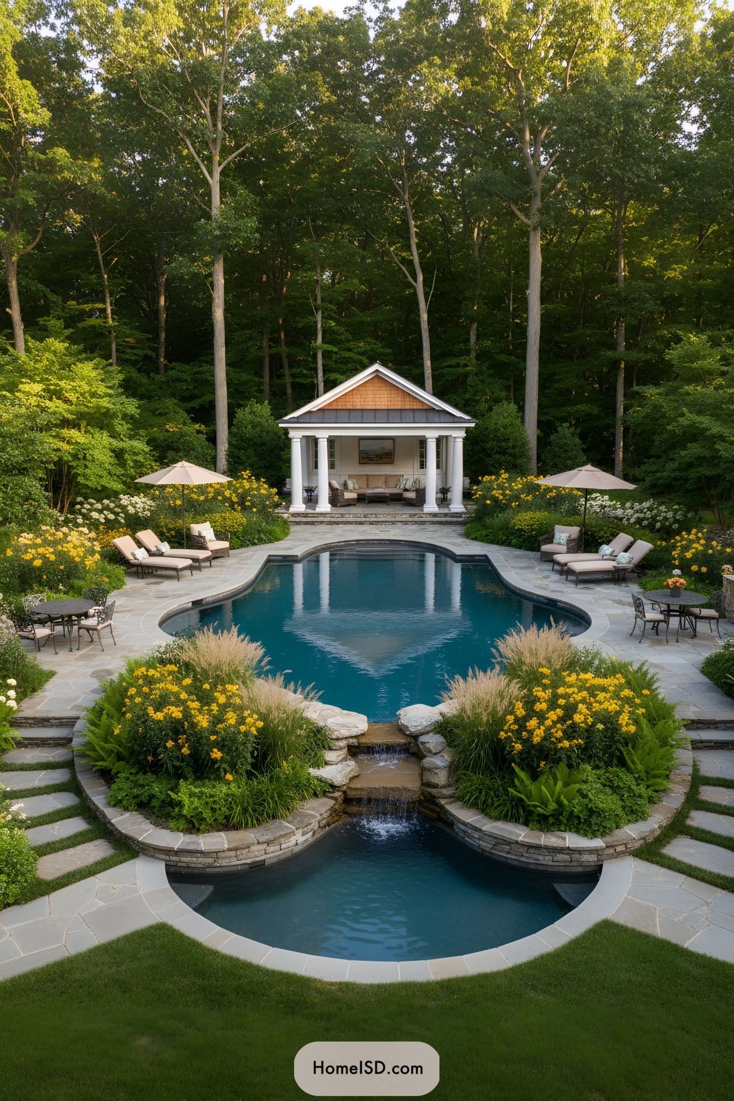 Elegant freeform backyard pool with classical pavilion nestled in lush woodland plantings