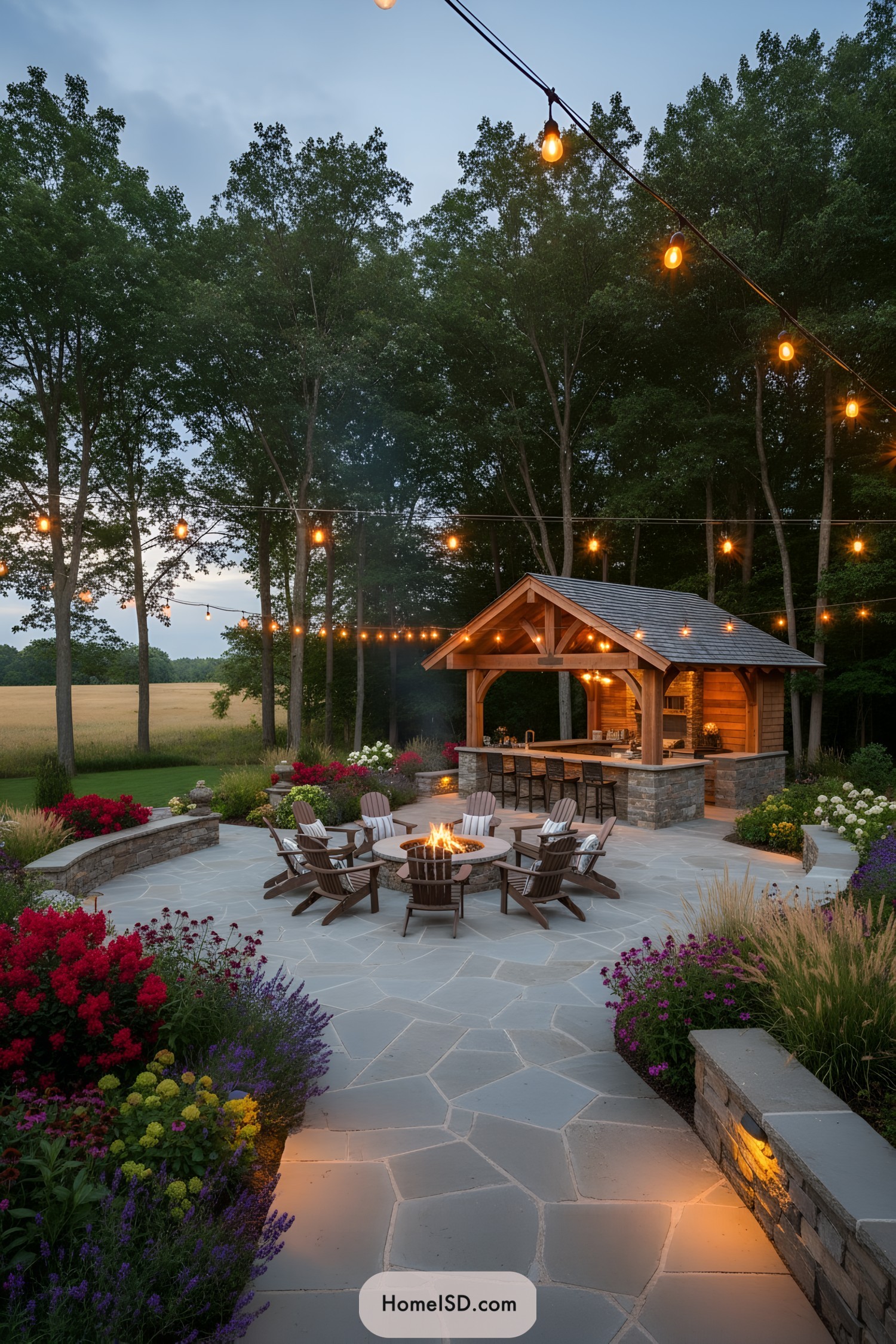 Cozy backyard patio with fire pit, pavilion bar, and string lights over lush flower beds