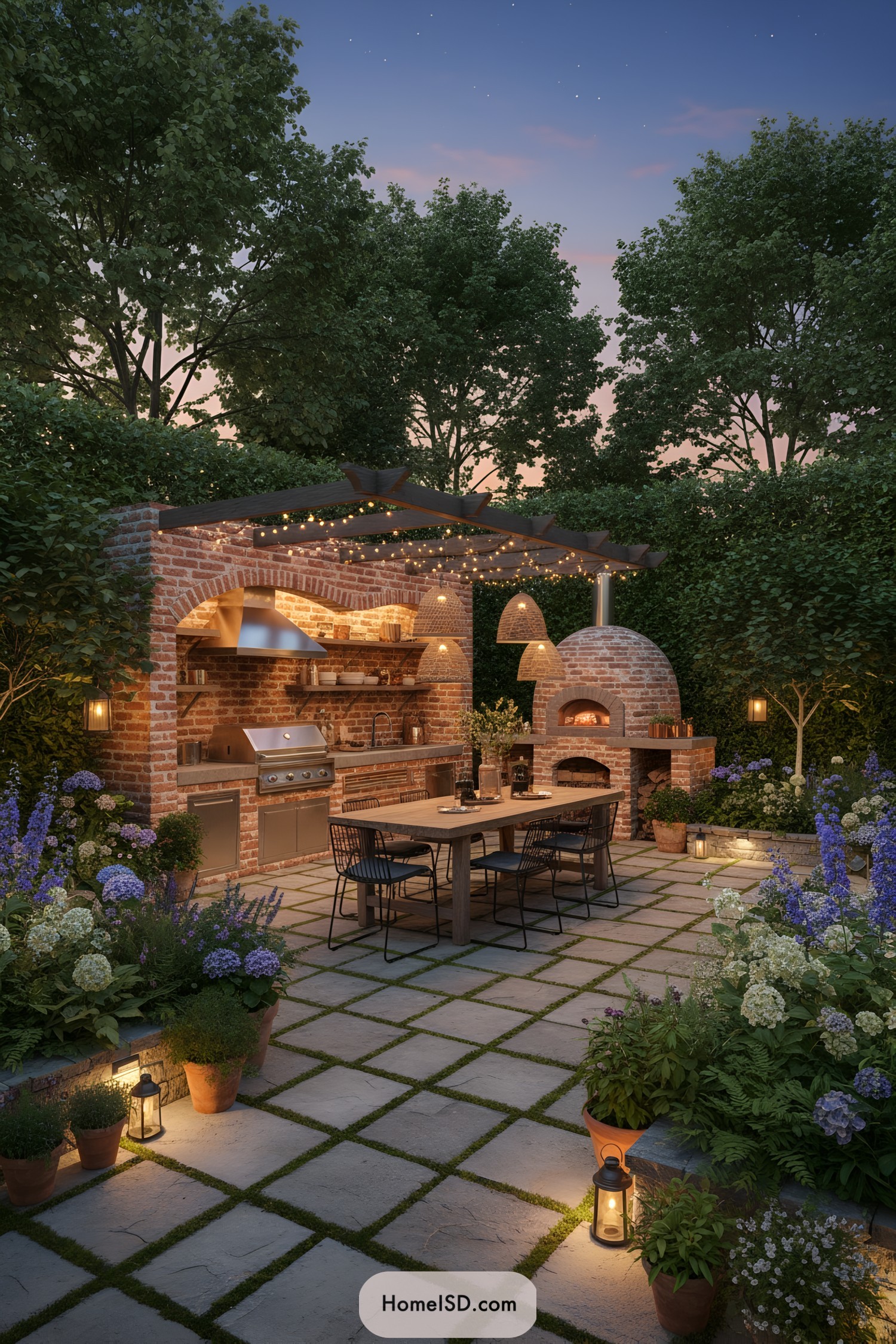 Brick outdoor kitchen with pergola and dining area at dusk