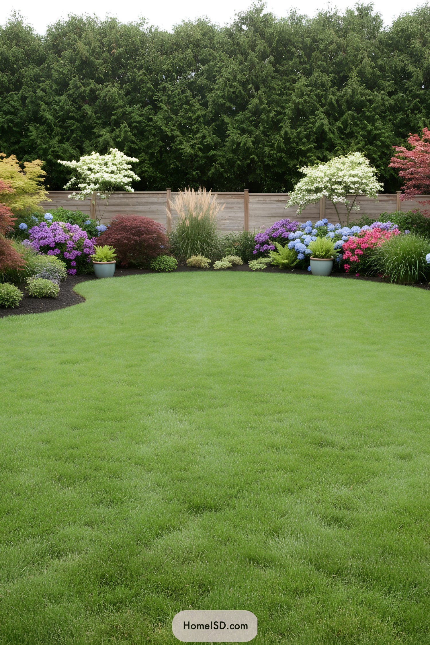 Lush green lawn bordered by colorful flowering shrubs and trees