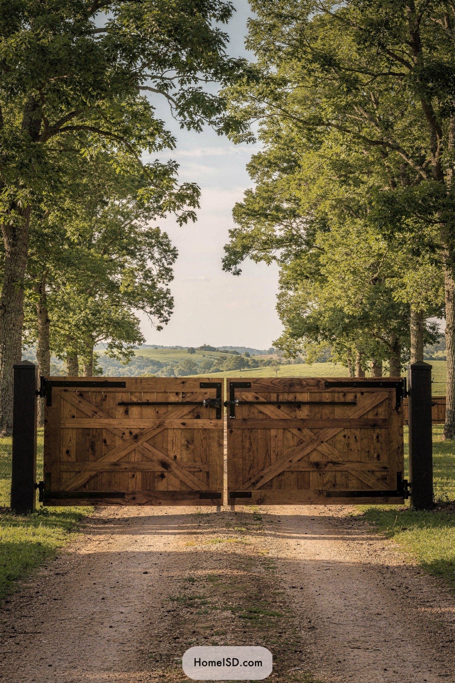 Double wooden farm gate across gravel drive