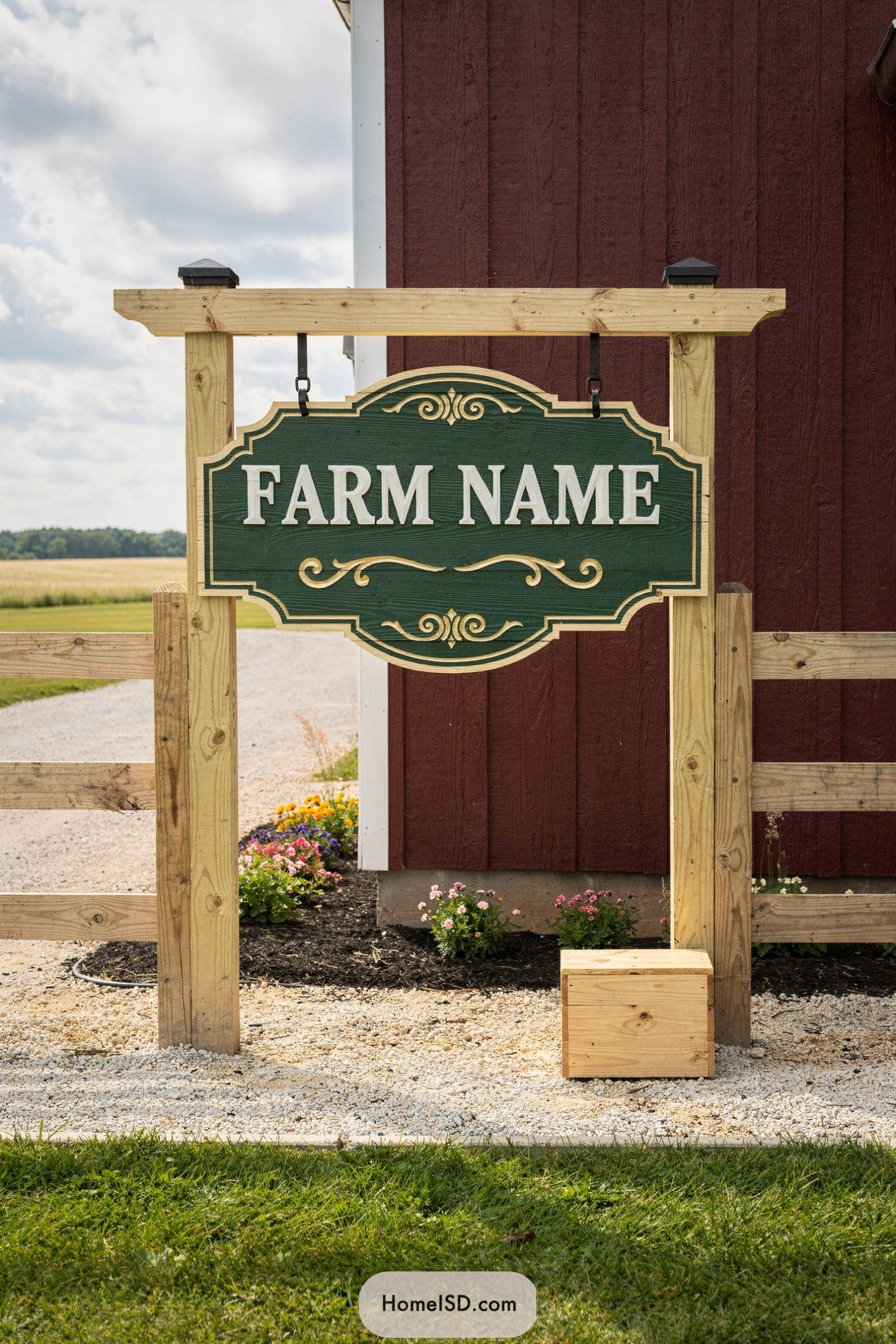 Green decorative farm entrance sign on wooden frame