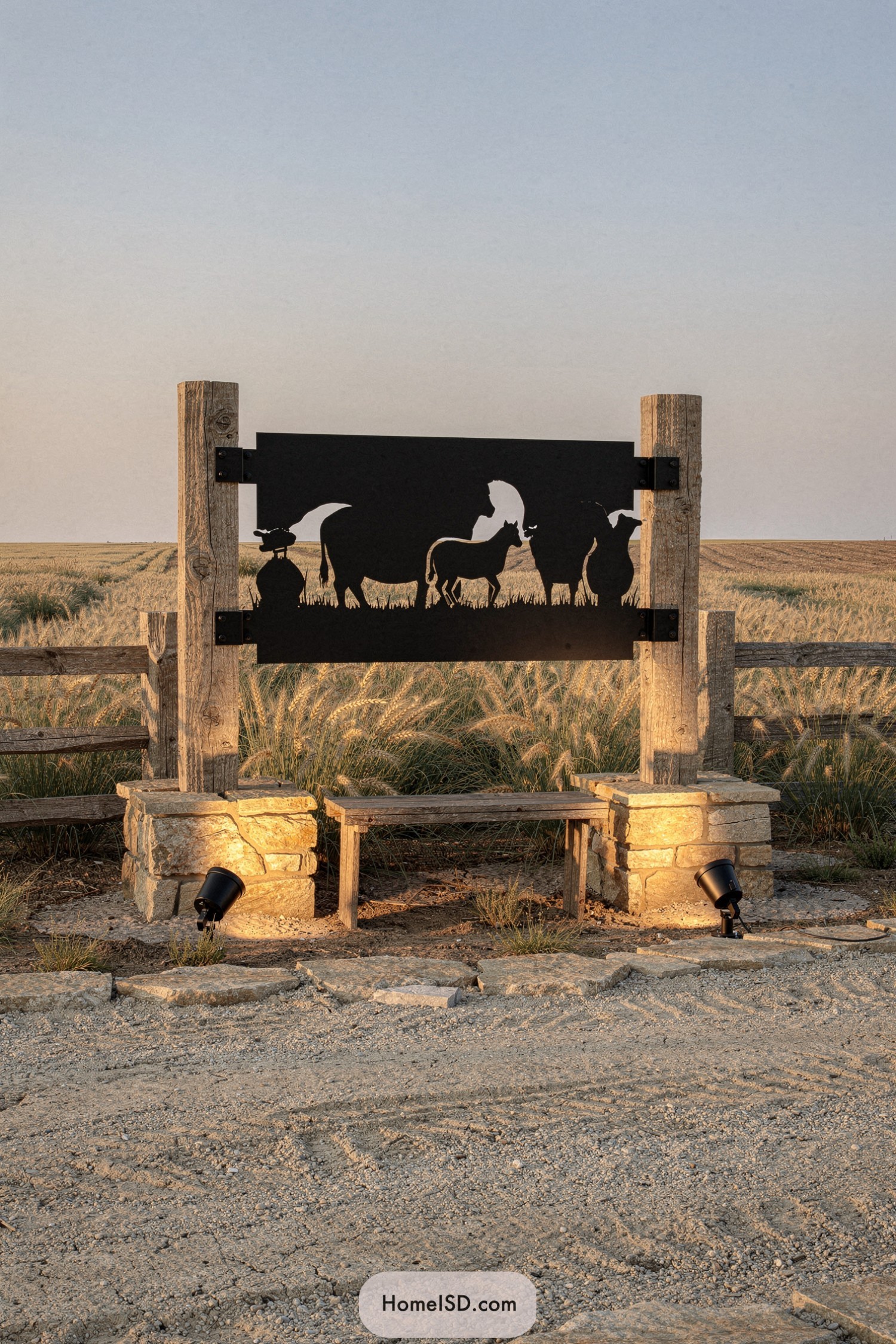 Black metal farm sign with animal silhouettes between wooden posts and stone bases